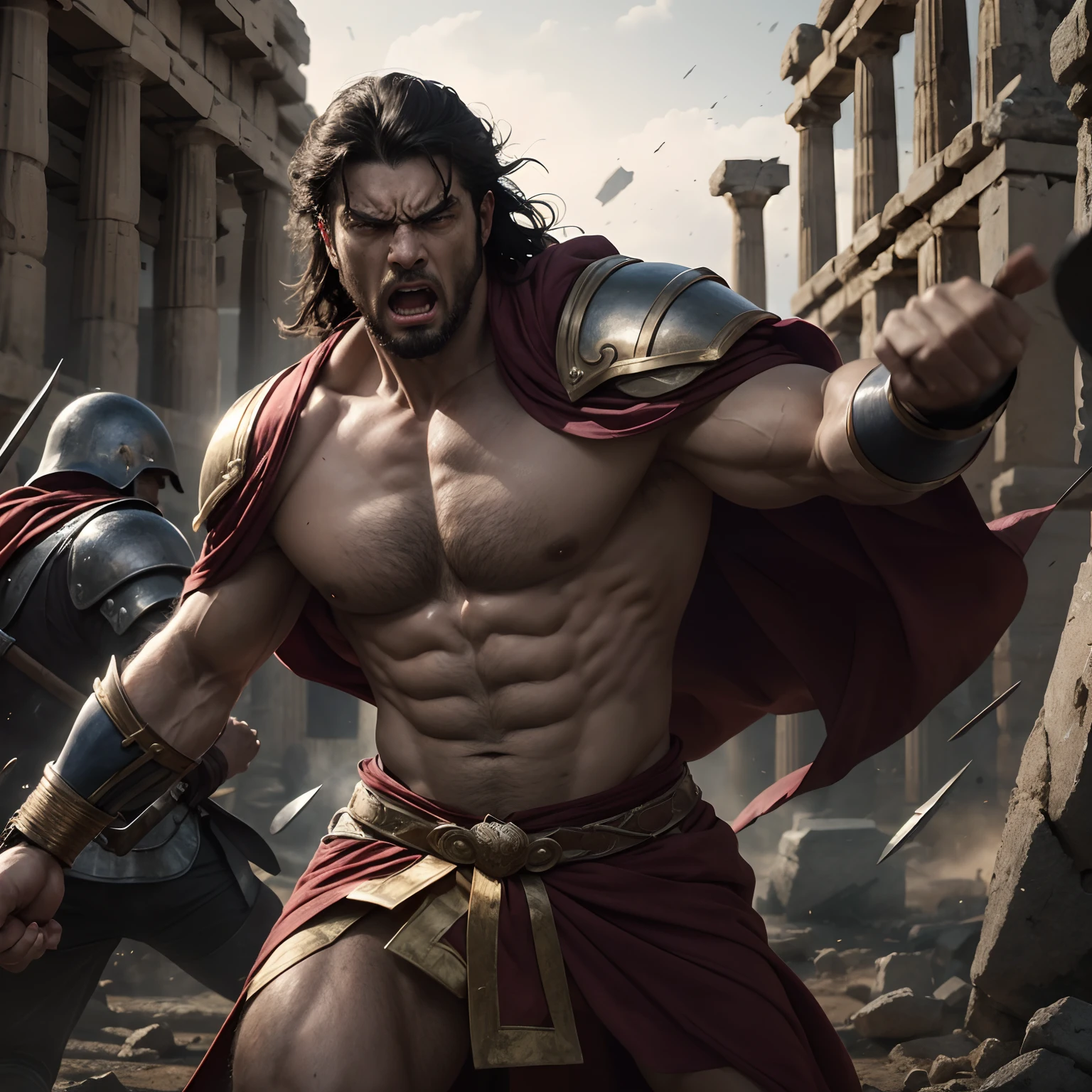 "Samson, With dark hair and dark eyes, Is musclar and tall, Looks furious and violent, brutal and passionate, Wears a ancient greek robe, Ancient greek heavy infantry", Greek mythology, Ancient Thrace, battle and disorder, battle field, Super high quality, Super accurate description of hands, HDR, Photorealistic, Super detail, Masterpiece, 8K
