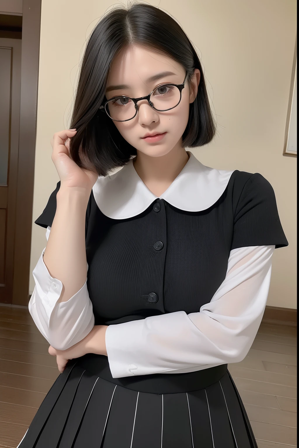 ((top-quality、8K、​masterpiece:1.3))、Black-rimmed glasses、A dark-haired、bobhair、hi-school girl、Round face、Plump lips、Colossal tits、thighs thighs thighs thighs、Highly detailed facial and skin texture、A detailed eye、二重まぶた、Schools