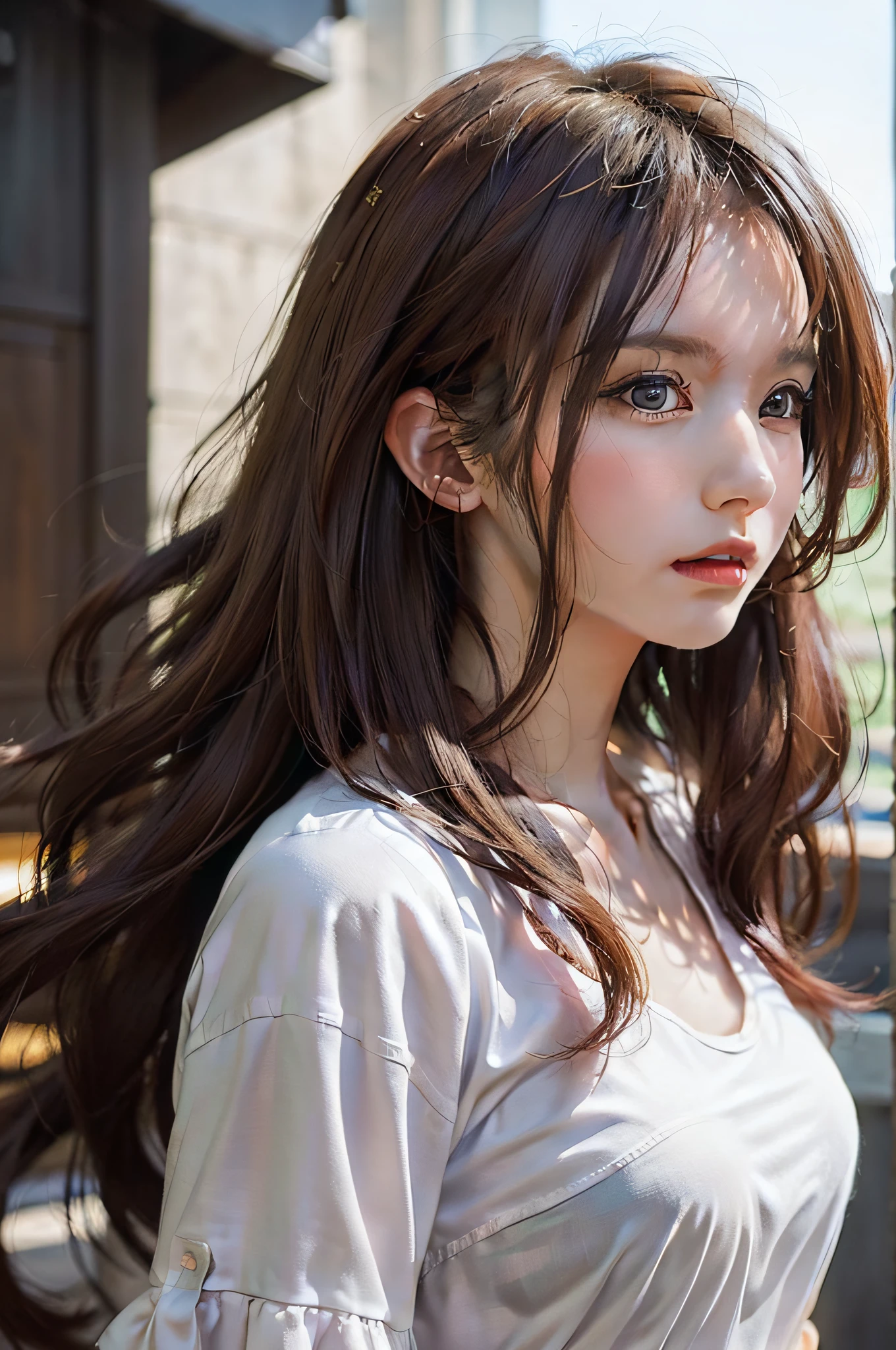 (1girl:1.3), cinematic light, (masterpiece, top quality, best quality, official art, beautiful and aesthetic:1.3), extreme detailed,highest detailed,(ultra-detailed),((an extremely delicate and beautiful)),  (photorealistic:1.4), dramatic lighting, 
silky long hair, (brown hair),station in the evening, hair blowing in the wind,
white shirt, waist up, from below, 
shy, blush,