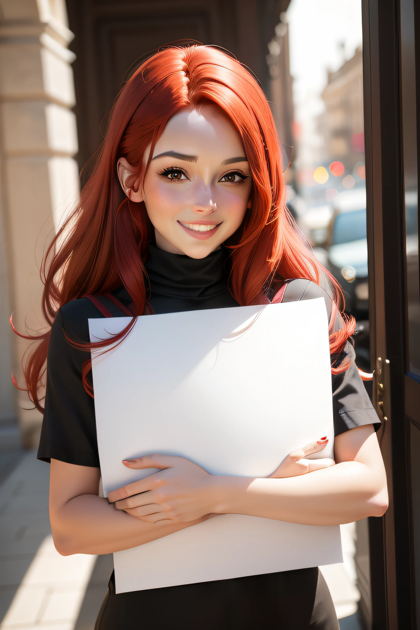 Gorgeous woman with red hair, holds white paper in front of him and smiles at the camera. Hyperrealistisch