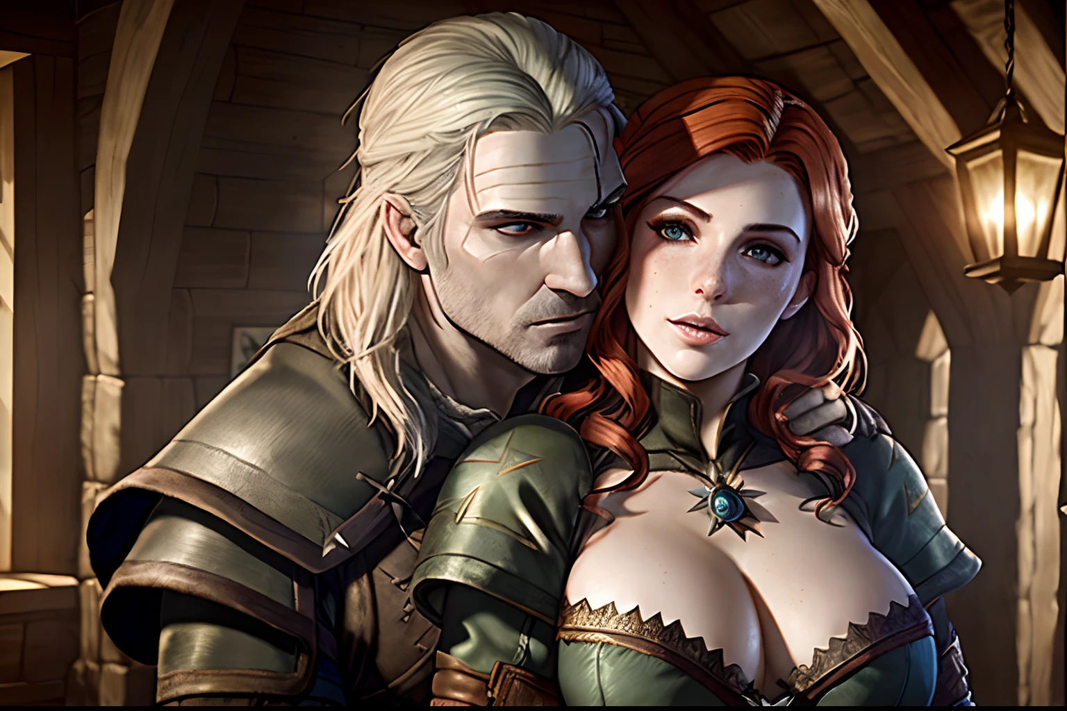 Masterpiece, The Witcher, extremely detailed face, huge breasts, make-up, Triss merigold being embraced by Geralt of Rivia, illumination effect, covered , freckles, (master piece), extremely detailed textures, gloves