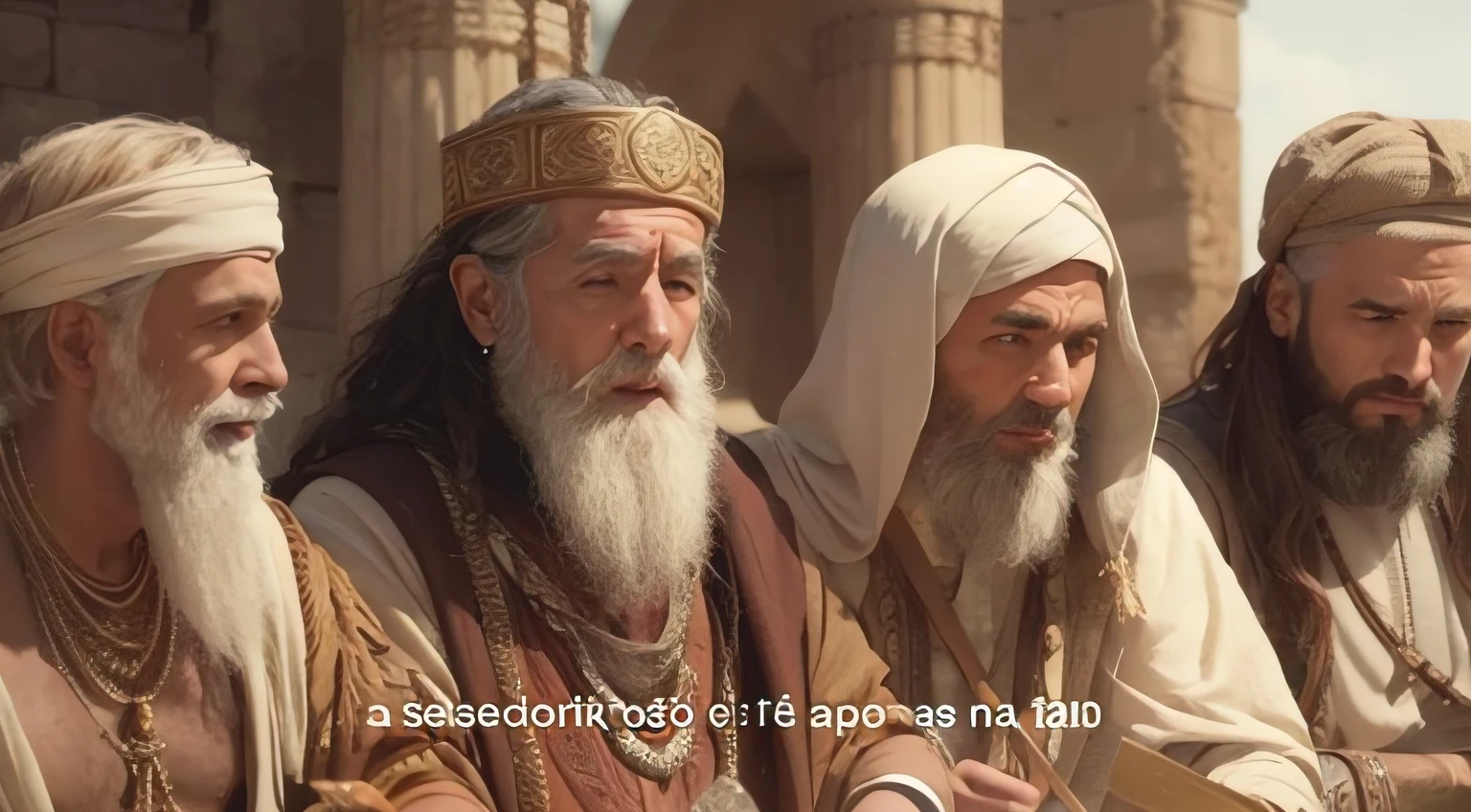 a group of men with long beards and white turbans sitting in front of a building, Nicodemos, Caminhos, biblical epic movie, com legendas, Reis antigos em vestes brancas, Hosada, 2 0 2 1 cinematic 4 k framegrab, age of empires, Fadeev 8 mil, epic 8k, epic 8 k, octa 8k |