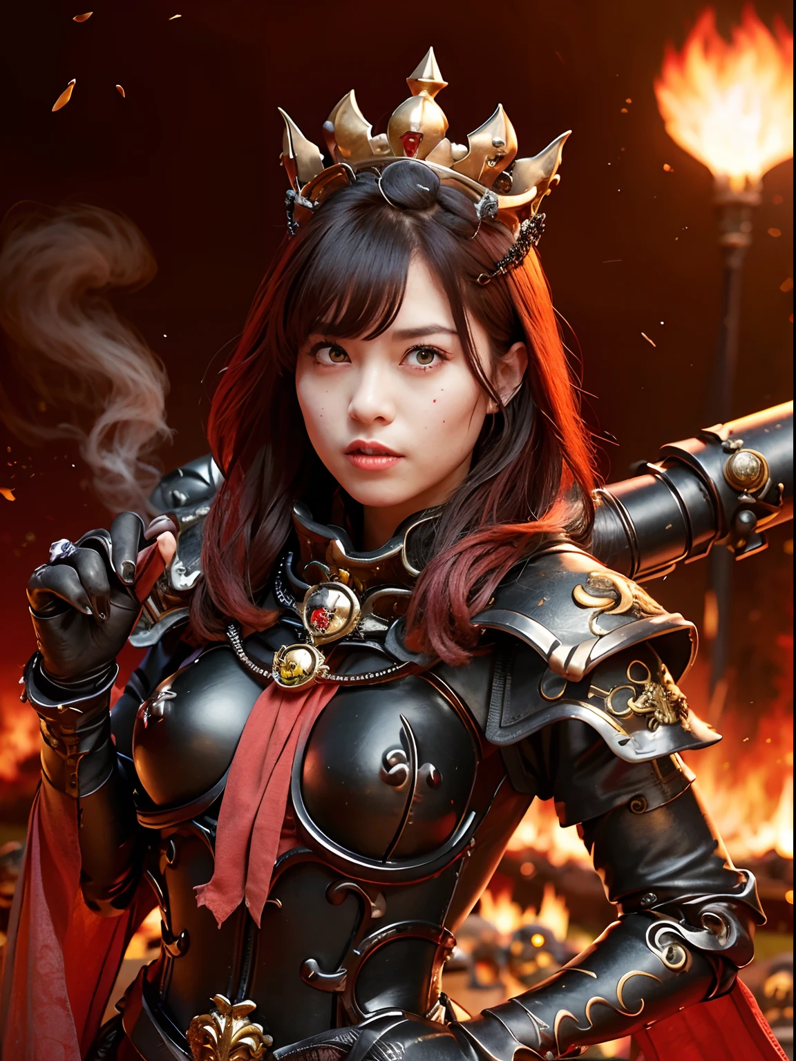 (Bleeding from the head), Professional , masterpiece、top-quality、photos realistic , depth of fields (Gemstone Black Metal Body:1.4),(Matte Black、Toostock、(cleavage of the breast)、((Random Hairstyles 1.5),Dark Fantasy,)explosions、intense fighting、Blood on the face,Blood Rain,Blood fog(blood splattere:1.9),Dragon Gold Weapon,Mystical expression、Particles of light、Fight dragons、(Dragon Metal Body:1.4),Gorgeous Silver Weapons ,(( Dragon's dense and gorgeous sword)) , Beautiful knife ,warhammer 40k , adepta sororitas,Detail and gorgeous crown、((Red hair))、(Castle background)、、((Gangle's forest background))、Beautiful Caucasian beauty、1a person、dynamic ungle,(((Detailed and ornate Black Devil Crown)))、Smaller head、A smile、Castle background、Thin and beautiful female hands、cleavage of the breast、Soldier in iron armor on background、Mystical expression、Light Effects、intense fighting、Wind-effect、magic circles、With the legendary magic wand、(demonic wings)、