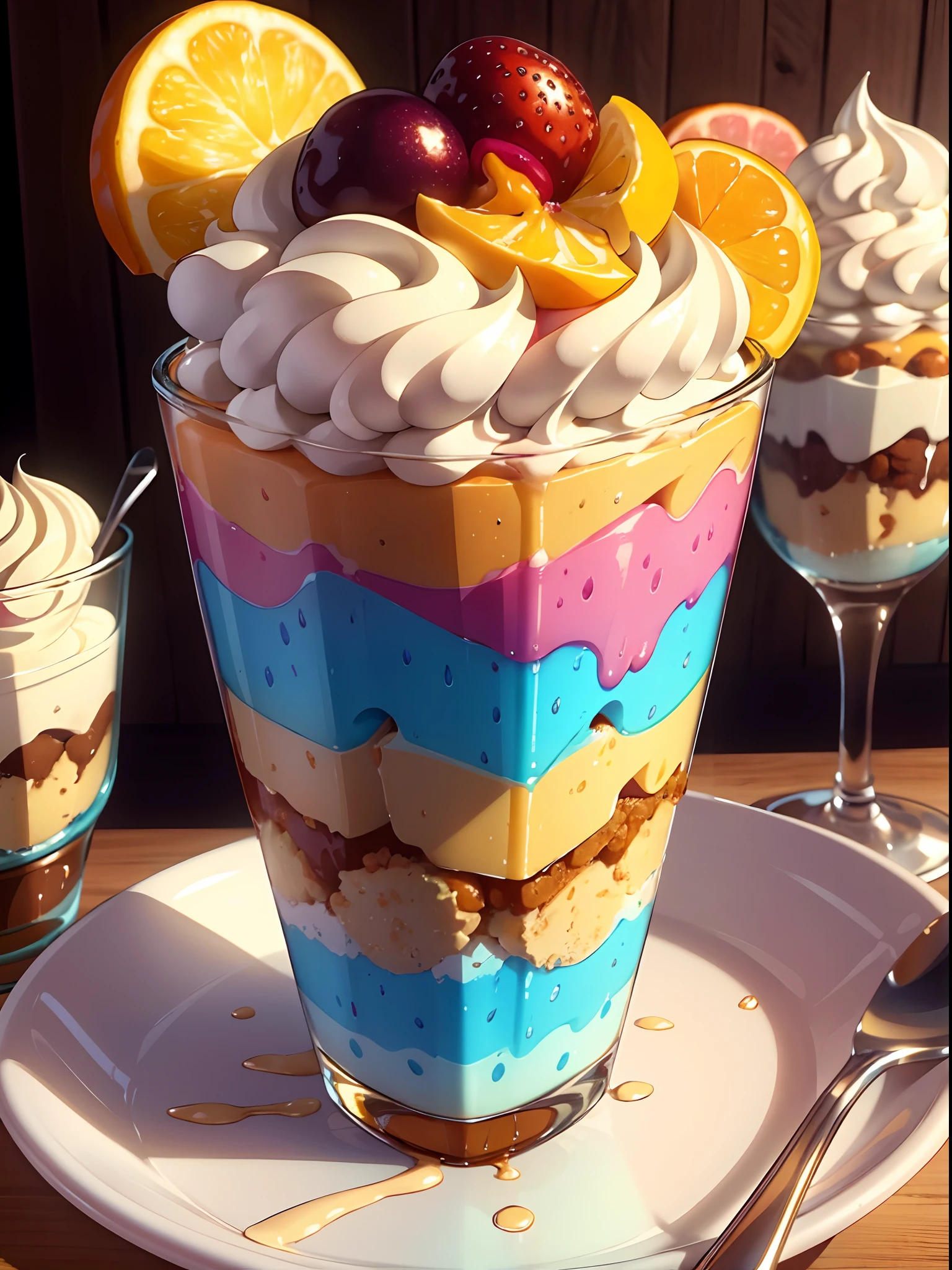 A colorful topping on a vanilla ice cream parfait. (best quality, highres, ultra-detailed), vibrant colors, detailed dessert, mouthwatering, delicious ingredients, sweet treat, dessert delight, appetizing display, glossy appearance, indulgent dessert, tempting presentation.