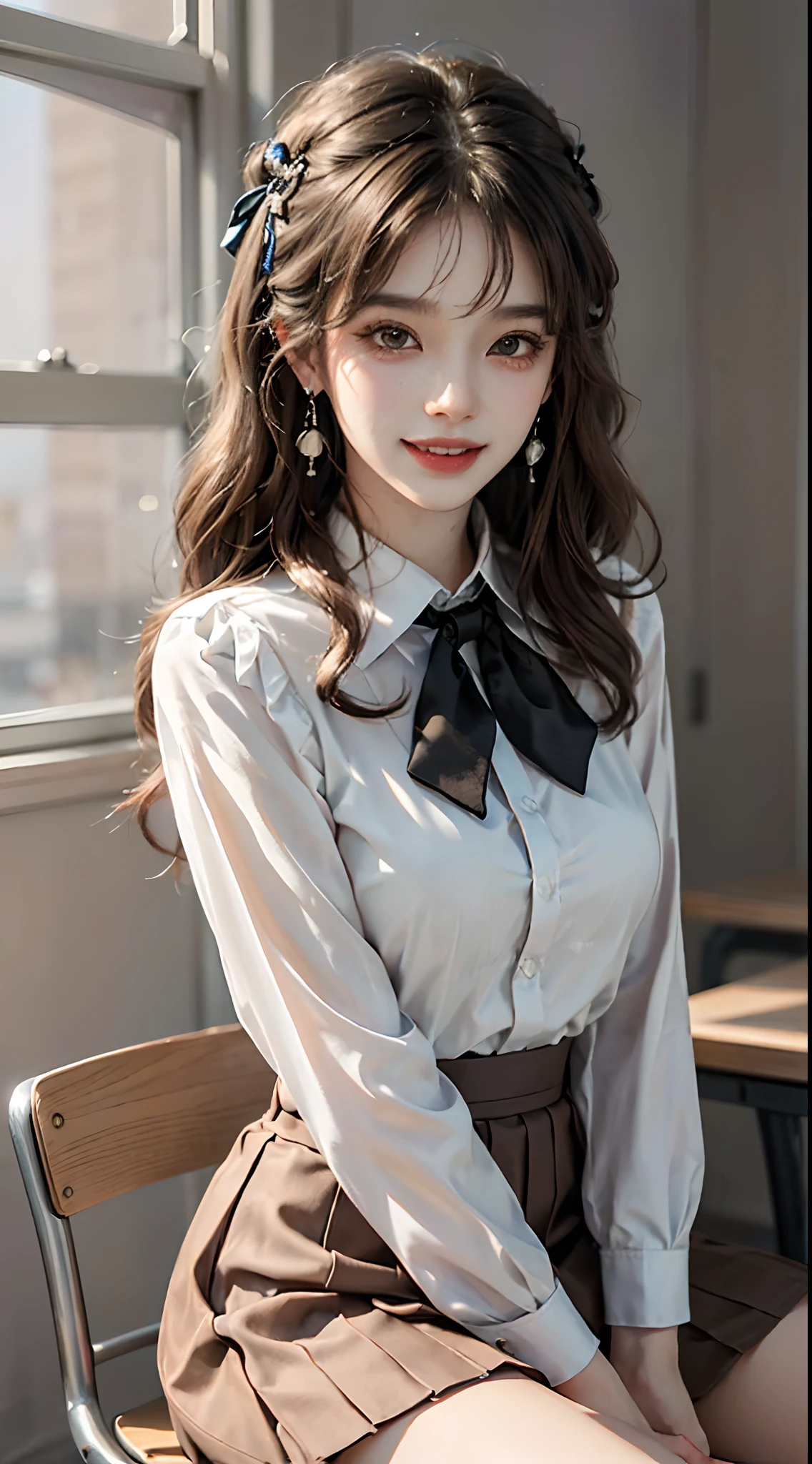 Casual office woman、In the street、Jacket Suit、White blouse with ribbon、pleatedskirt、fullllbody、top-quality、ultra-detailliert、超A high resolution、(Photorealsitic:1.8)、Saika 1、Erotic face、looking at the viewers、A smile、natural soft light、Colossal tits