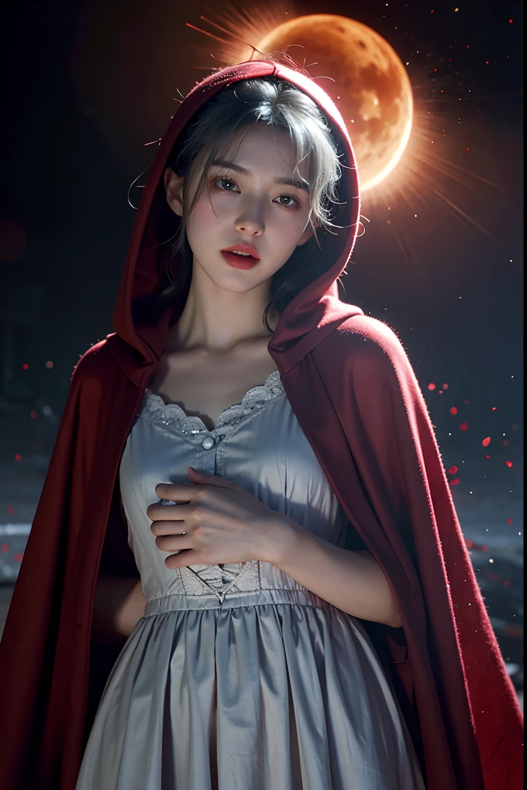 RAW photo, full sharp, (Full HD epic wallpaper) 8K  UHD, Digital SLR, Soft lighting, High quality, filmgrain, Fujifilm XT3, hiqcgbody,
(1人,  Kizi:1.2), vulnerable,  Red eyes, Gray hair, buzz cut,
Style - Gravity magic, Portrait, Looking down, Solo, Half shot, Detailed background, Detailed face,   Pale complexion, Lolita Costume Outfit, Red robe, Cape, Hood,  malicious expression, The scarlet symbol rotates in the air, Floating particles, Blood droplets, particle fx, scarlet color scheme, Blood sacrifice, blood stain, red flames, the are In the background, Surrounded by a crimson mist, Sunset, symetrical composition, Epic atmosphere,