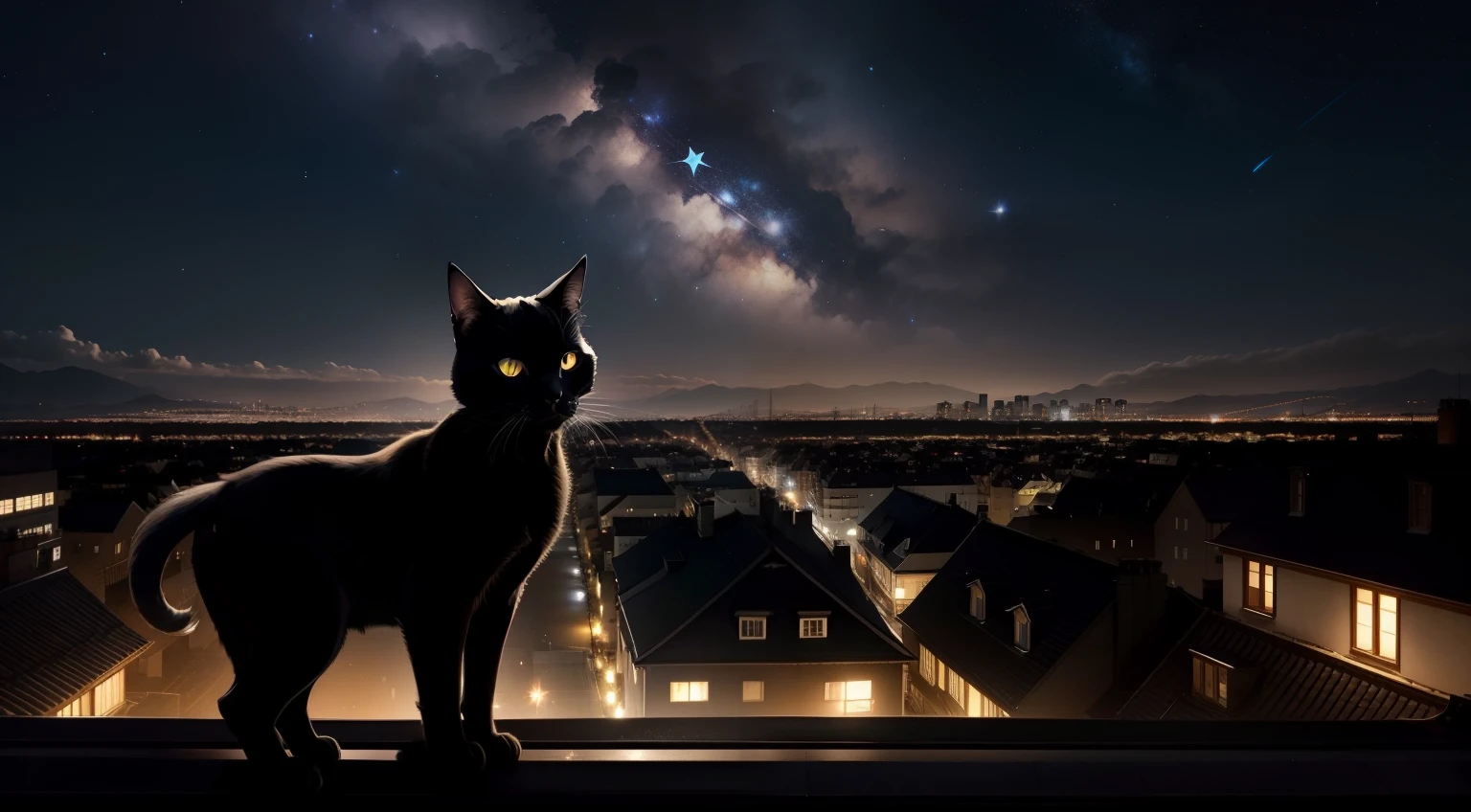 Silhouette of a black cat on the roof、Beautiful cityscape、Starry sky、Western cityscape、A kitten、shooting stars、long tail