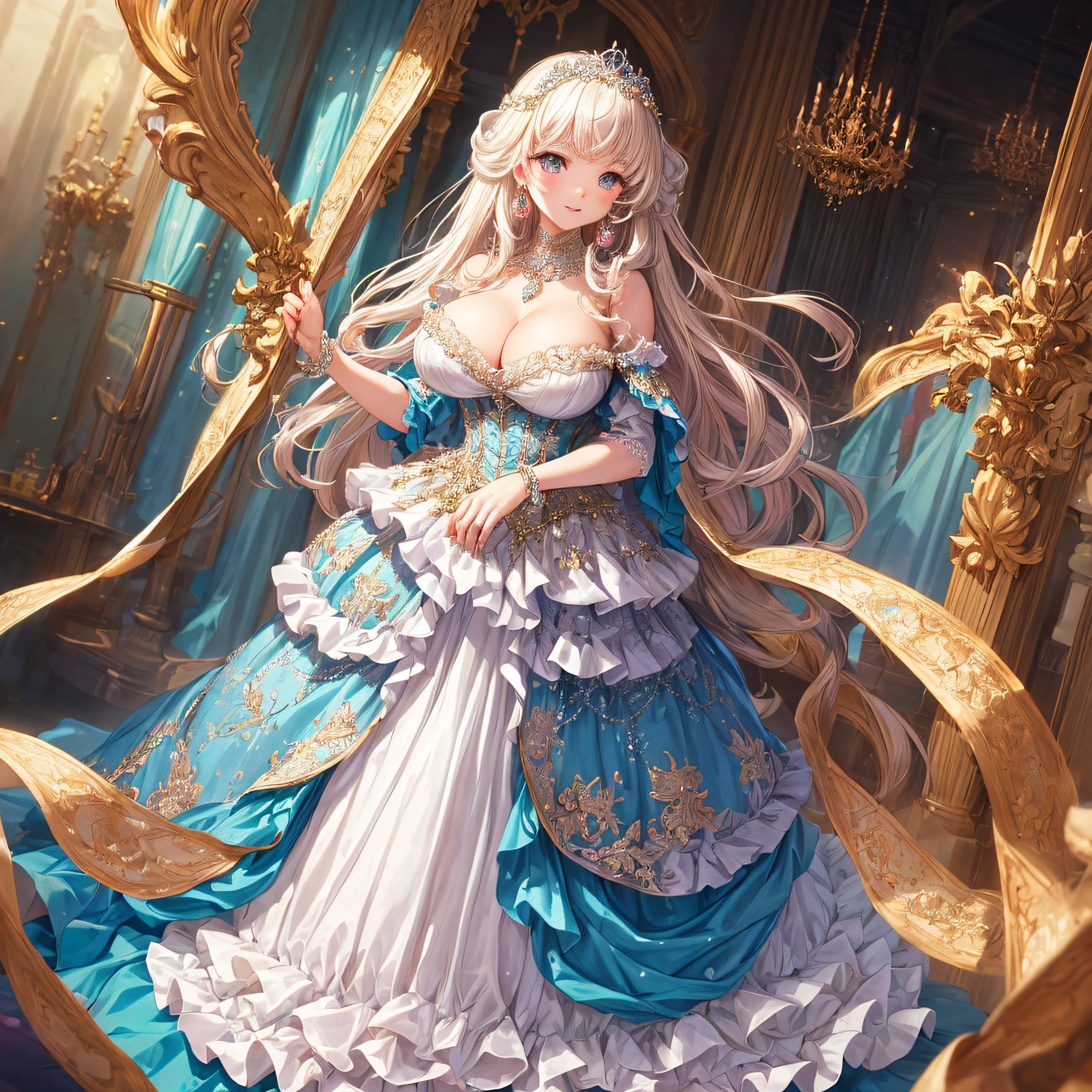 (masterpiece, best quality,extremely detailed,moe anime art style:1.1),1girl, ((solo)), cute, kawaii,digital art,((1 bling-bling anime princess wearing beautiful embroidery and jeweled ruffled gorgeous princess ballgown with voluminous full length hoop skirt)),((crinoline)),long train,voluminous frills,(gorgeous embroidery and beautiful lace),(very gigantic boobs,cleavage,skindentation),((shiny hair,very long straight hair)),((finely detailed face and eyes)),clear pupil,extremely gorgeousfull hair ornament,(bling-bling jeweled extremely gorgeousfull tiara),((bling-bling gorgeous gemstone jewelry)),long veil,((beautiful background,fantasy)),flowers,flower petals flowing,full body,looking away,((beautiful embroidery and jeweled ruffled gorgeous princess ballgown with voluminous full length hoop skirt))