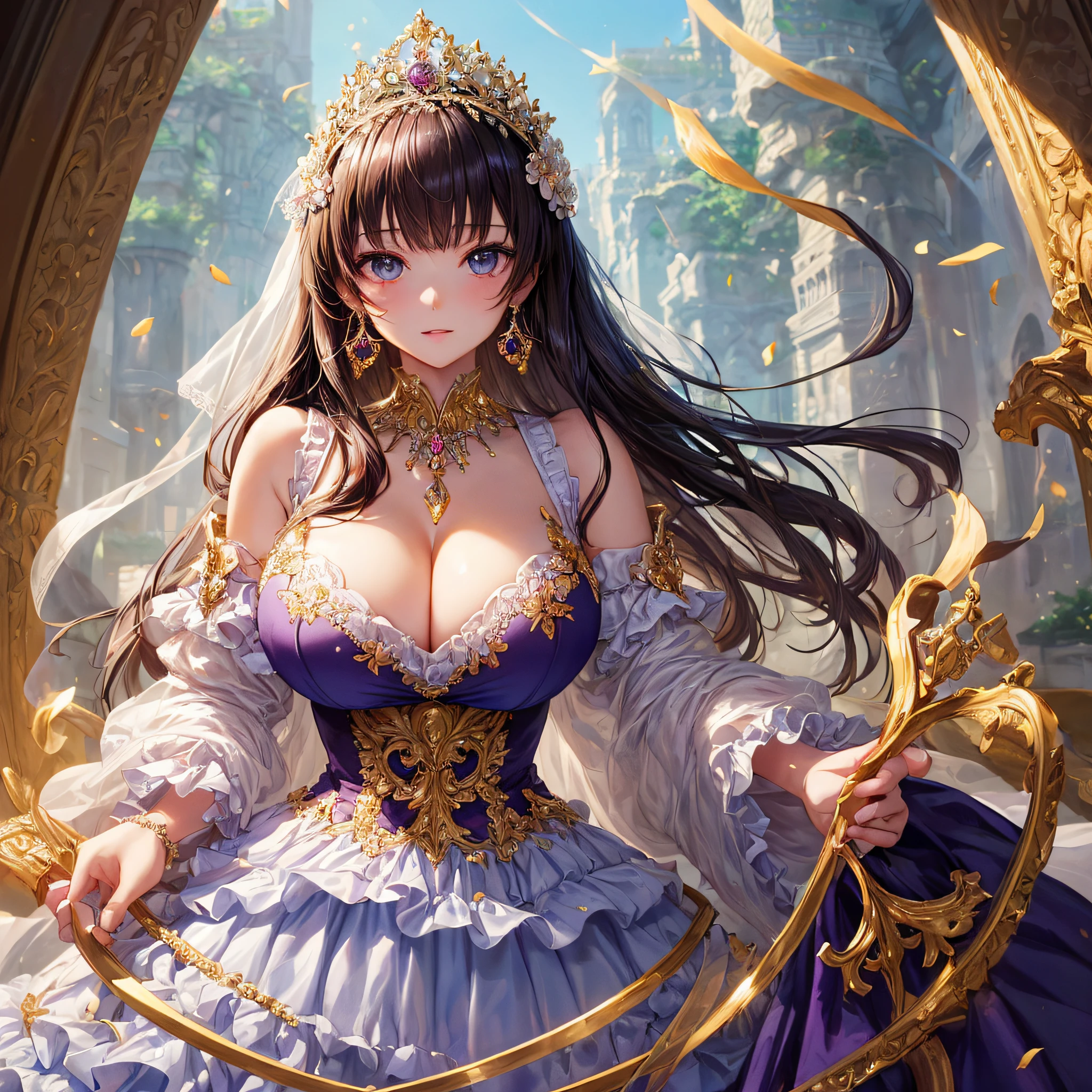 (masterpiece, best quality,extremely detailed,moe anime art style:1.1),1girl, ((solo)), cute, kawaii,digital art,((1 bling-bling anime princess wearing beautiful embroidery and jeweled ruffled gorgeous princess ballgown with voluminous full length hoop skirt)),((crinoline)),long train,voluminous frills,(gorgeous embroidery and beautiful lace),(very gigantic boobs,cleavage,skindentation),((shiny hair,very long straight hair)),((finely detailed face and eyes)),clear pupil,extremely gorgeousfull hair ornament,(bling-bling jeweled extremely gorgeousfull tiara),((bling-bling gorgeous gemstone jewelry)),long veil,((beautiful background,fantasy)),flowers,flower petals flowing,full body,looking away,((beautiful embroidery and jeweled ruffled gorgeous princess ballgown with voluminous full length hoop skirt))