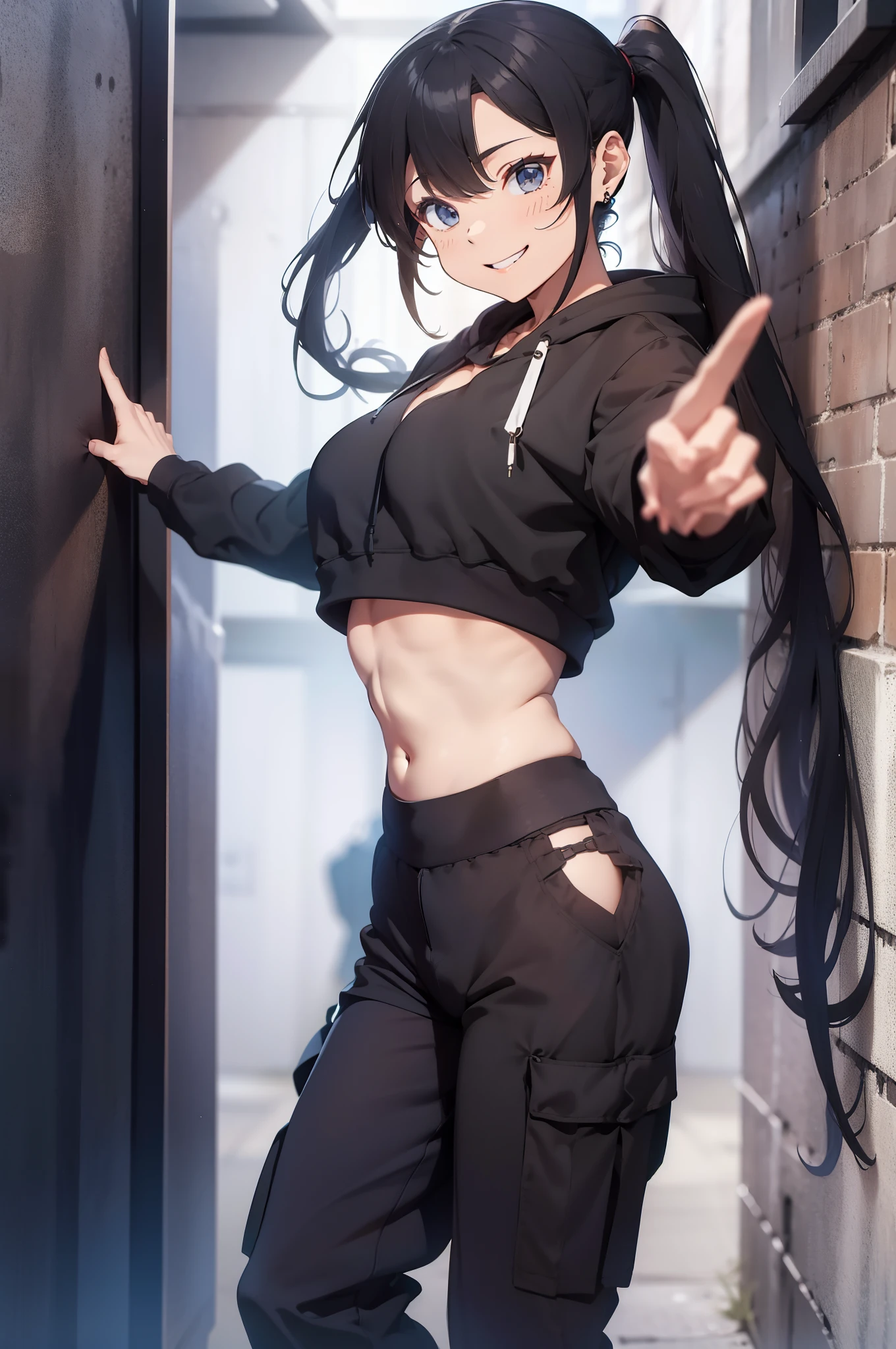 1mature woman, long ponytail, flat chest, wide hips, smiling, crop top hoodie, oversize cargo pants low waist, urban look, v sign