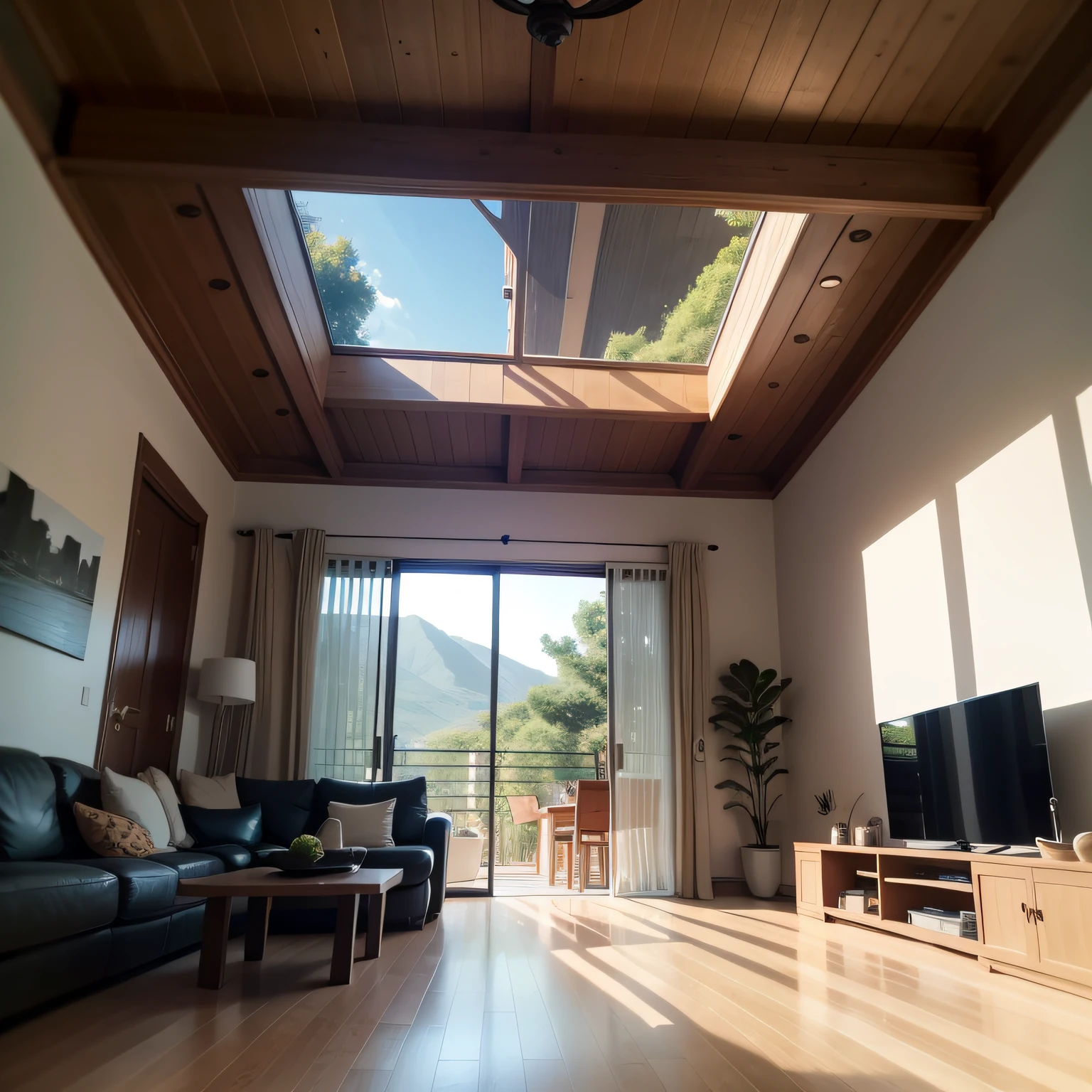 Design de interiores、Insanely detailed wide-angle architectural photo、cozy contemporary living room、(Luz solar brilhante e quente 1:0.1)、award-winning contemporary interior design、Paisagens、A tabela、uma cadeira、em uma casa、Piso de madeira、janela、resturant、east asian east asian architecture、portas de papel deslizantes、abajour、architectural、A Mata、natureza、Copos、Uma planta、Design de interiores、Insert lighting and shadows、profundidade de campos、low illuminance