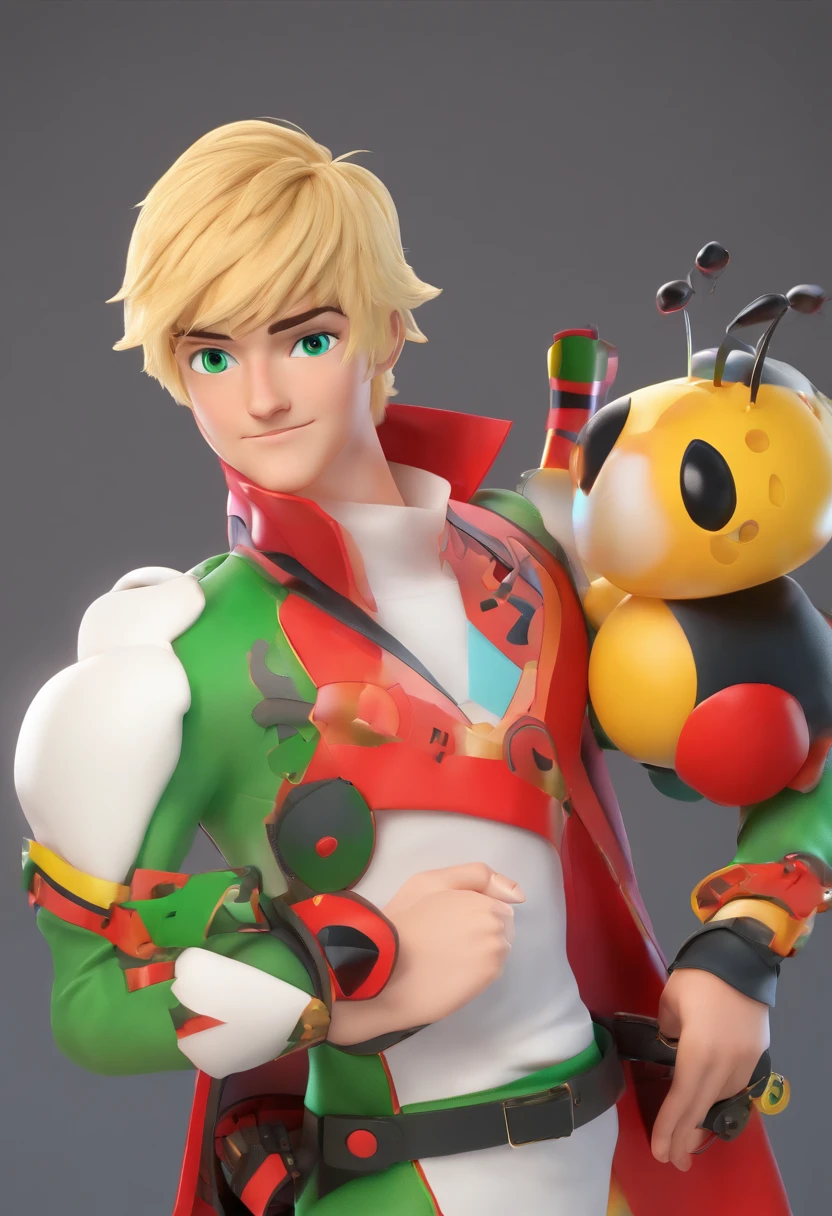 man cosplaying Adrian, from the cartoon Ladybug, he has blonde hair and green eyes, full body image, best quality
