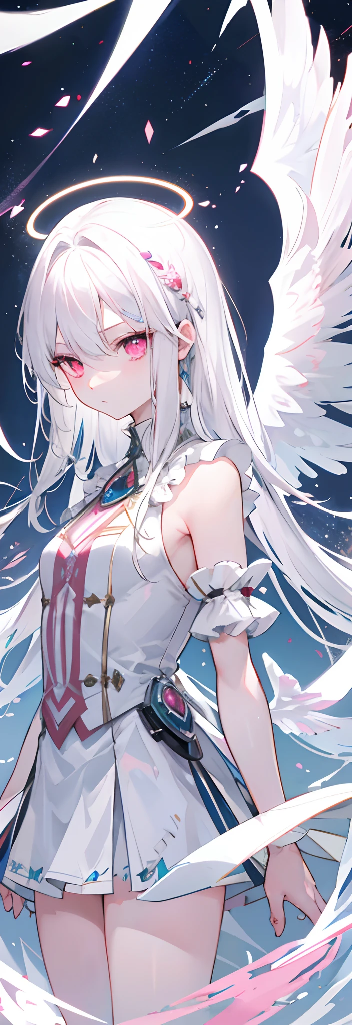 Masterpiece, Best quality, 1girll, White hair, angel, Innocent, Pink eyes, Angel wings, full bodyesbian, arms back behind, sky, Halo, forest, Serious look