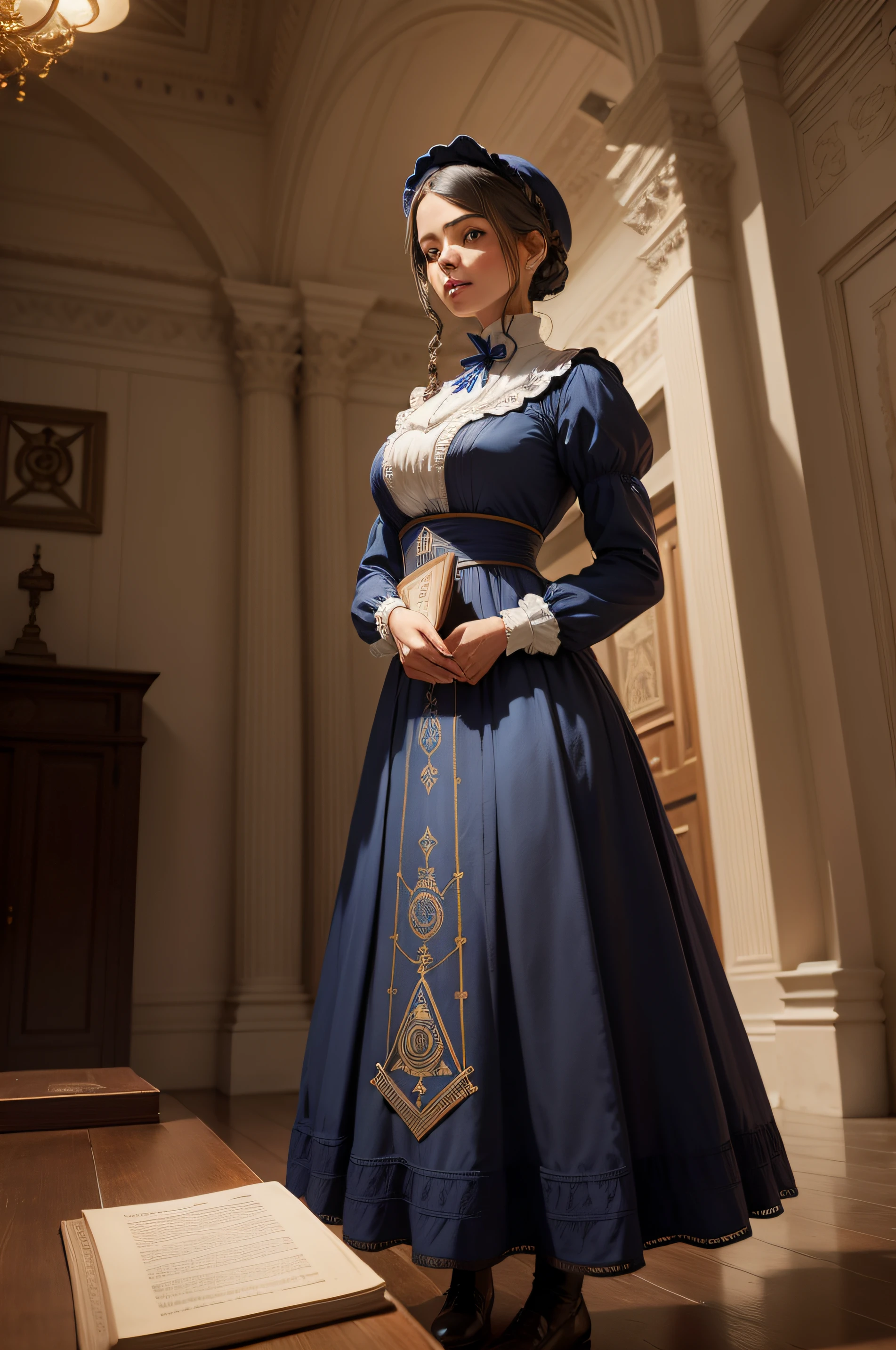Create the image of a 19th century woman, de vestido azul claro, inside a Masonic temple, with Masonic symbols on the dress and a book in the hand.