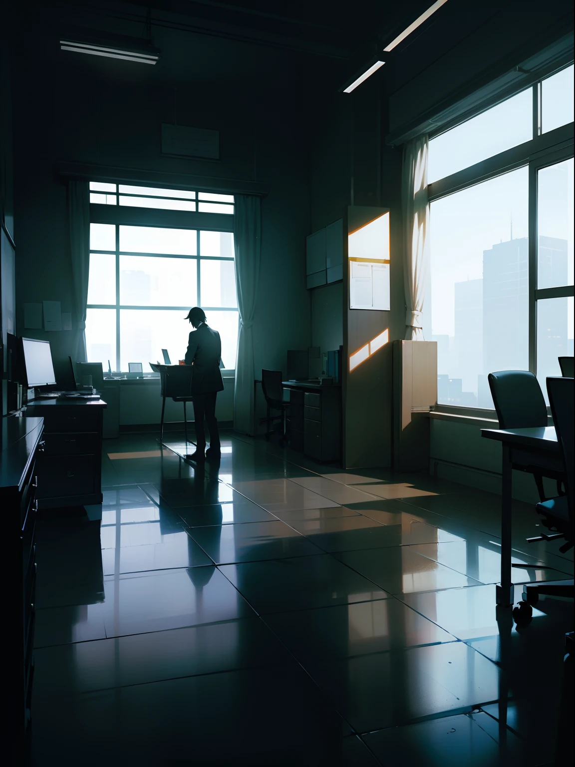 (​masterpiece)、((Large office floor))、(very dark environment)、(suspense feeling)、(very contrasting shadows)、suspenseful、s Office、Stains on the floor、Dark silhouette of office on background、very dark night、Lots of arms、Humanoid Monster、Blind Window