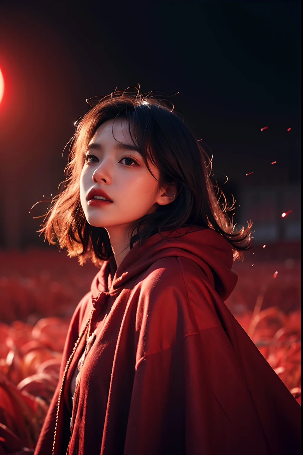 RAW photo, full sharp, (Full HD epic wallpaper) 8K  UHD, Digital SLR, Soft lighting, High quality, filmgrain, Fujifilm XT3, hiqcgbody, (1人, Kizi:1.2), vulnerable, Red eyes, Gray hair, buzz cut, Style - Gravity magic, Portrait, Looking down, Solo, Half shot, Detailed background, Detailed face, Pale complexion, ta Costume Outfit, Red robe, Cape, Hood, malicious expression, The scarlet symbol rotates in the air, Floating particles, Blood droplets, particle fx, scarlet color scheme, Blood sacrifice, blood stain, red flames, the are In the background, Surrounded by a crimson mist, Sunset, symetrical composition, Epic atmosphere,