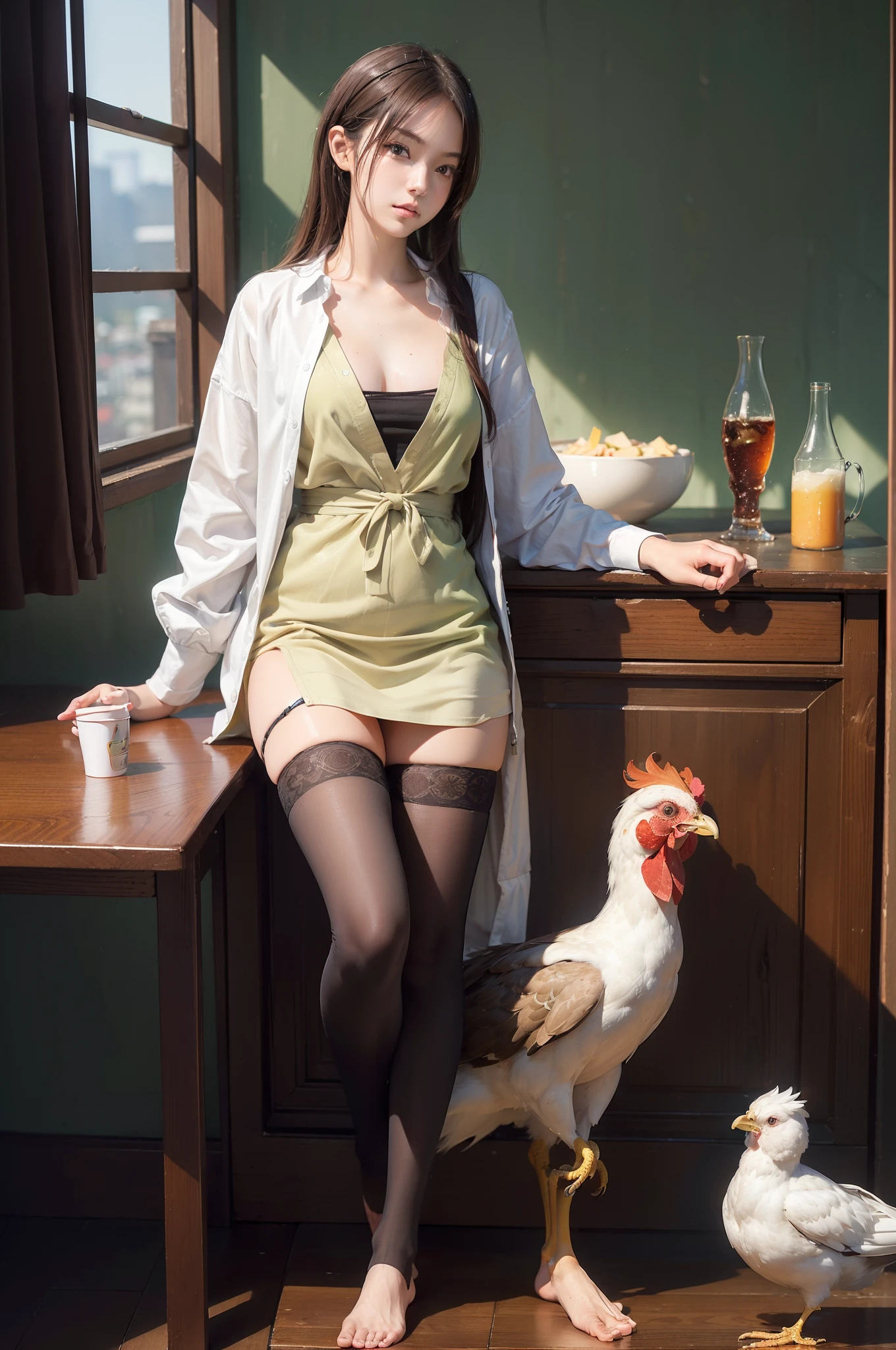 (((nffsw))), (((masutepiece))), (((8K))), (((high resolution))), (((photorealistic))), (((fullbody shot))), F/4.0, canon, a girl, chicken, noodle, soup, soda on the side