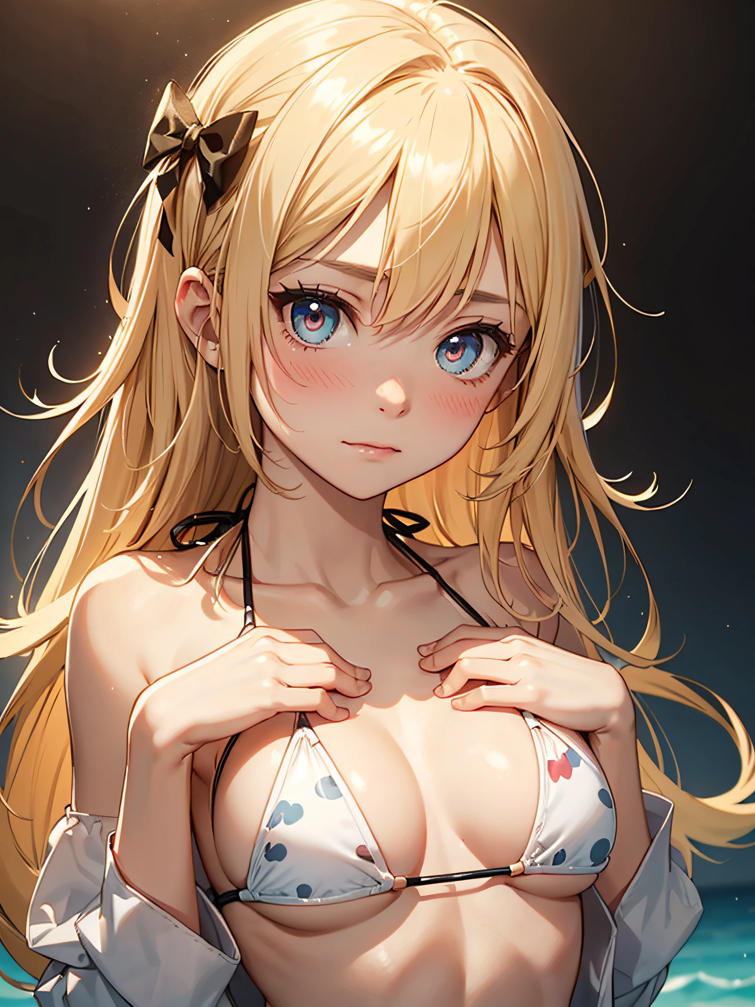 (masterpiece)、(top-quality)、(extremly tiny bikini:1.5)、(blushed face:1.3)、(hide your chest with both hands:1.5)、Almost naked、a beauty girl、Embarrassed look、a very cute、Clear eyes、Shining eyes、large udder、Tummy is visible、cleavage of the breast、lower abdom、An ultra-high picture quality、ultra-definition、Photorealsitic、Golden hair