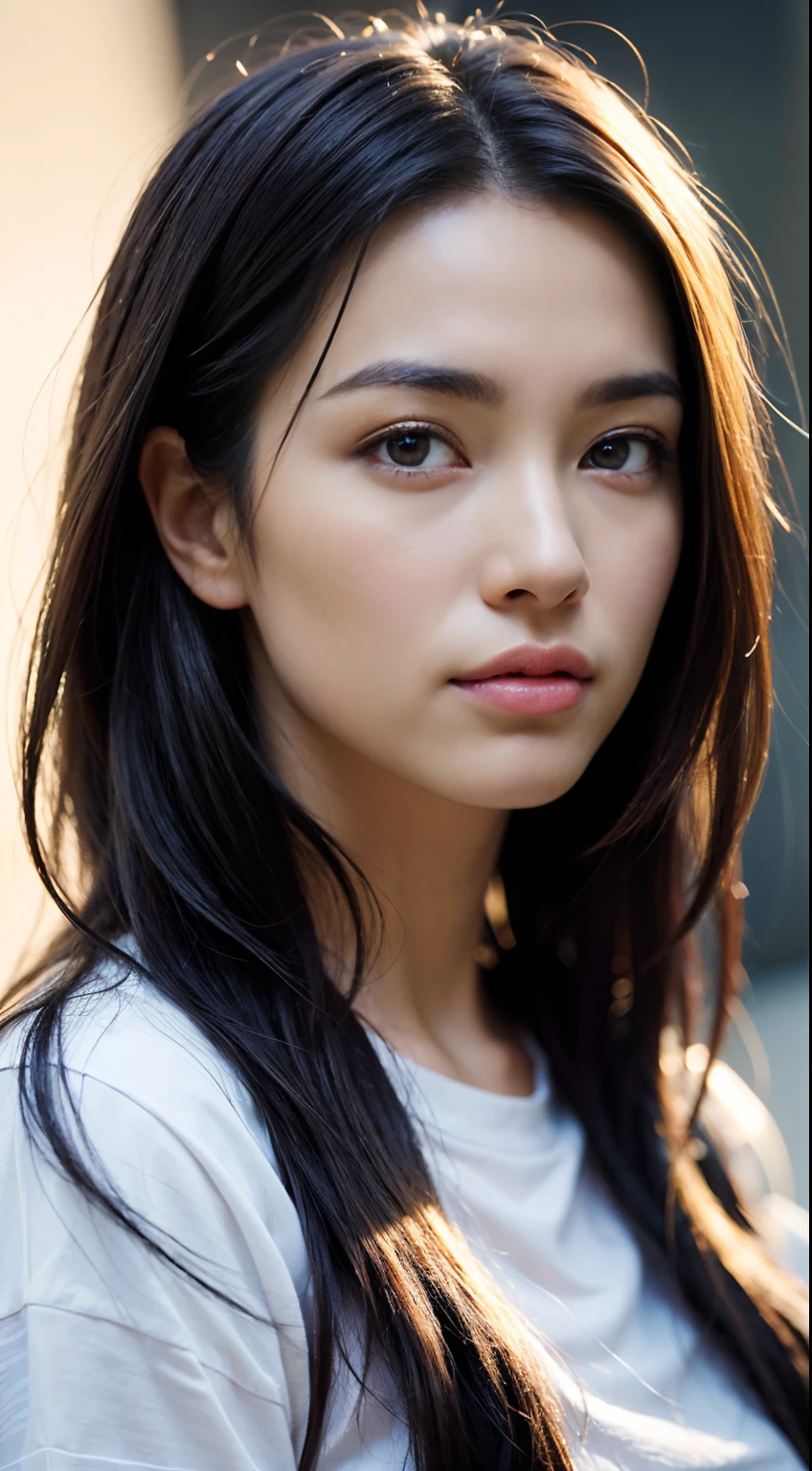dressed, (photo realistic:1.4), (hyper realistic:1.4), (realistic:1.3), (smoother lighting:1.05), (increase cinematic lighting quality:0.9), 32K, 1girl,20yo girl, realistic lighting, backlighting, light on face, ray trace, (brightening light:1.2), (Increase quality:1.4), (best quality real texture skin:1.4), finely detailed eyes, finely detailed face, finely quality eyes, (tired and sleepy and satisfied:0.0), face closeup, t-shirts, (Increase body line mood:1.1), (Increase skin texture beauty:1.1)