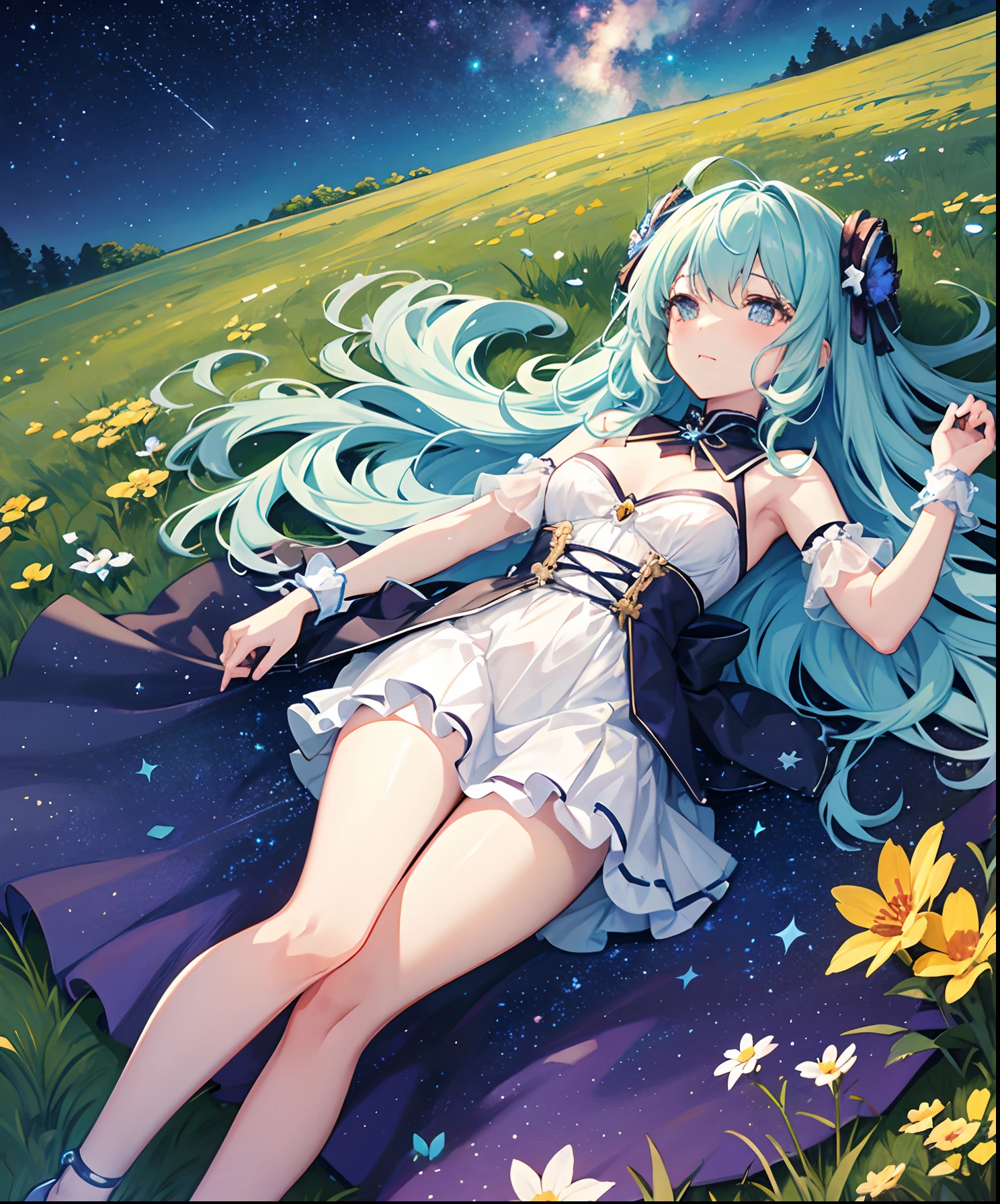((Starry Sky, Full Moon, Forest)), from below, (whole picture, sky above, garden garden below), elegant woman, look up at the moon, solo, romantic dress, print, windbling, magic color, fractal art, dreamy colorful, light half-open dress, elegant, flowing, summer