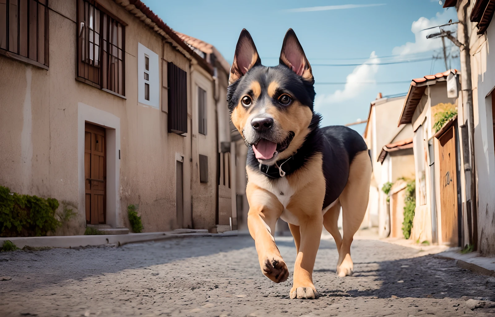 obra prima, qualidade bset, (realistic:1.4), (8k, melhor qualidade), cachorro malinois e American staffordshire terrier fofos, correndo alegres, estilo de desenho infantil, colinas verde de fundo,parede de tijolos, dia ensolarado, zul sky, nuvens brancas --auto --s2