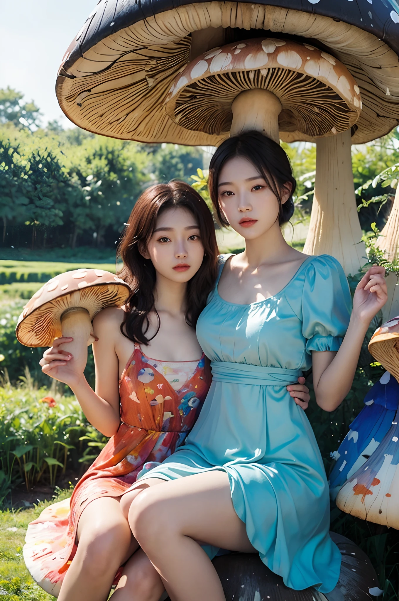 (Best quality,Masterpiece:1.2,Face focus:1.4,Wide eyes,Beautiful eyes:1.4,dynamic poser),
Break,
(a couple of lesbians:1.5) sitting together on a (giant mushroom:1.2),leering:1.2,Tutu dress,vivd colour,
Break,
Fantasy World,fantasy,((Watercolor painting)),ulzang-6500-v1.1,