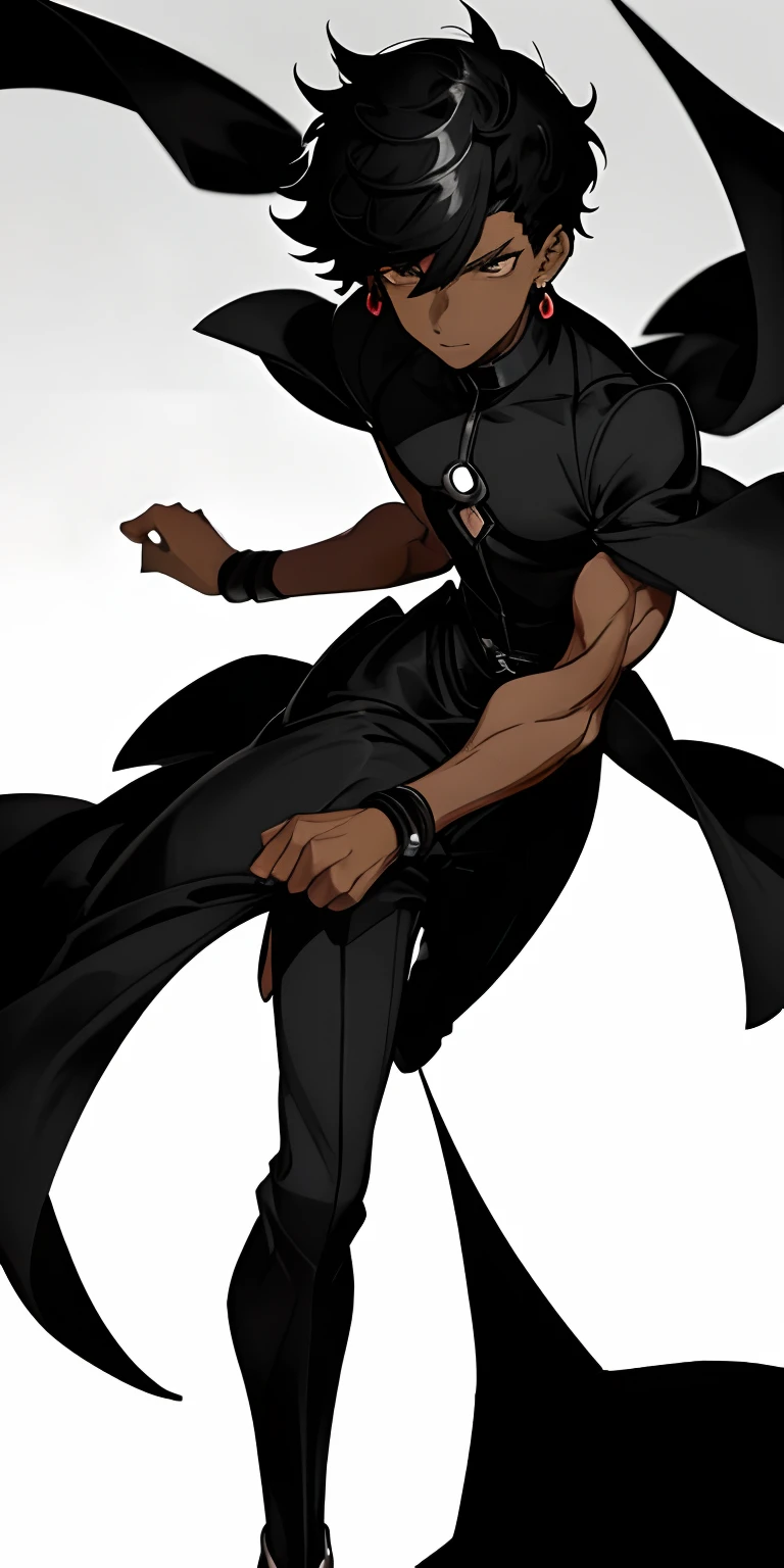 Black teenage man with black dress earring and short anime style hair just from the abdomen up with a single color background