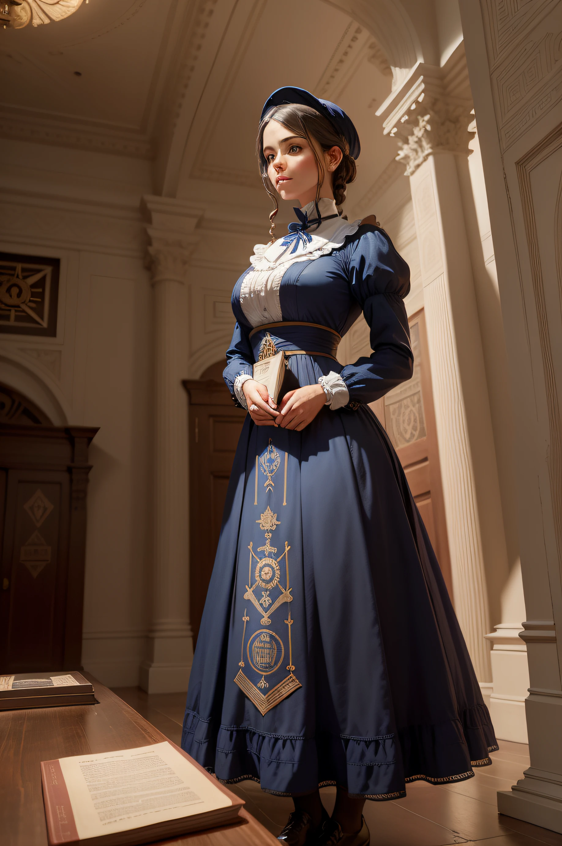 Create the image of a 19th century woman, de vestido azul claro, inside a Masonic temple, with Masonic symbols on the dress and a book in the hand. Put more Masonic symbols on women's clothing.