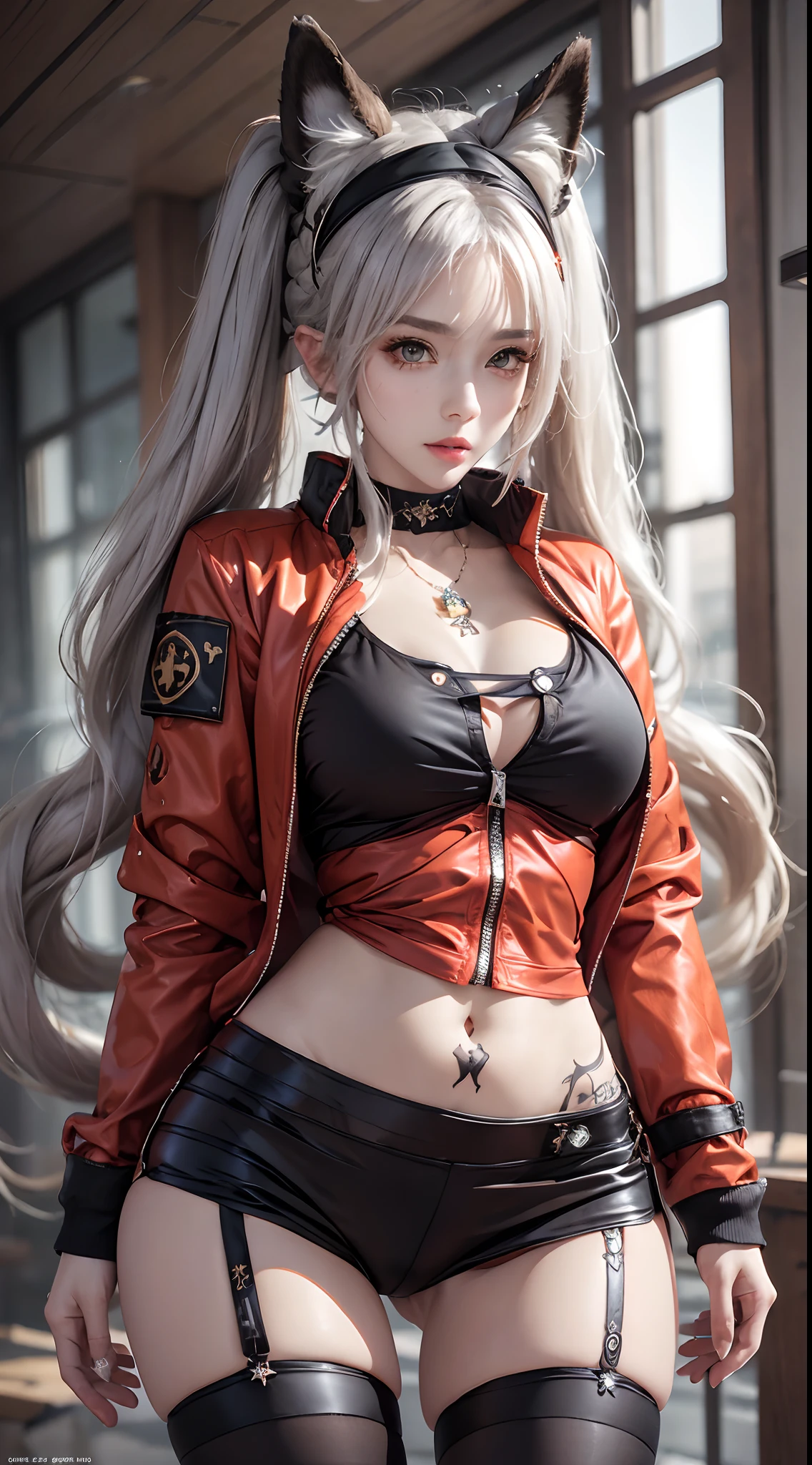 Photorealistic, high resolution, 1 woman, Hips up, Beautiful eyes, Long hair, ringed eyes, jewelry, tattoo, infection monitor (arknights), angelina (arknights), blush, twintails, hairband, animal ears, red hairband, closed mouth, fox ears, bangs, red jacket, black shirt, shirt, orange eyes, jacket