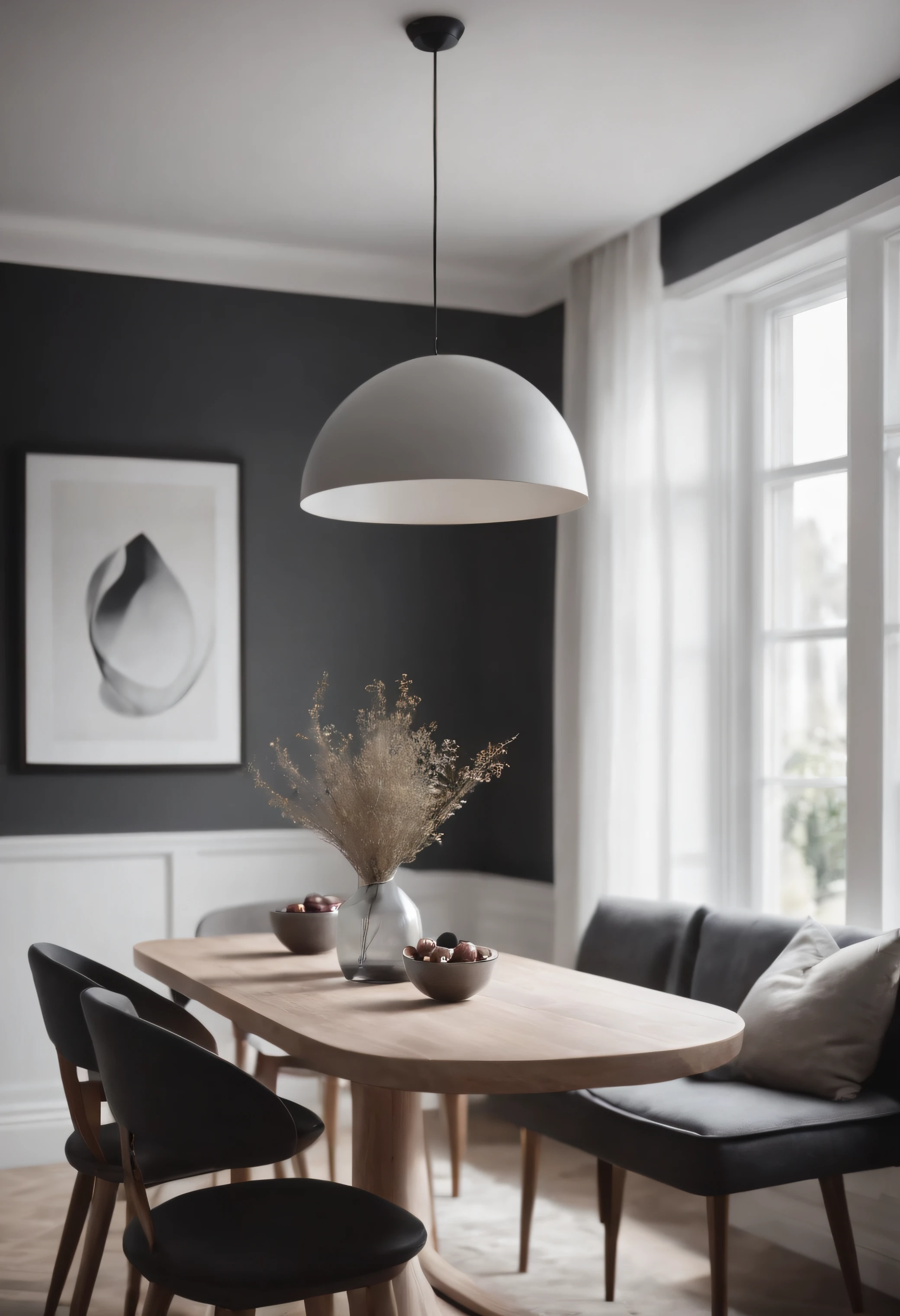 Dining room with minimalist design, cozy feel and monochrome decor