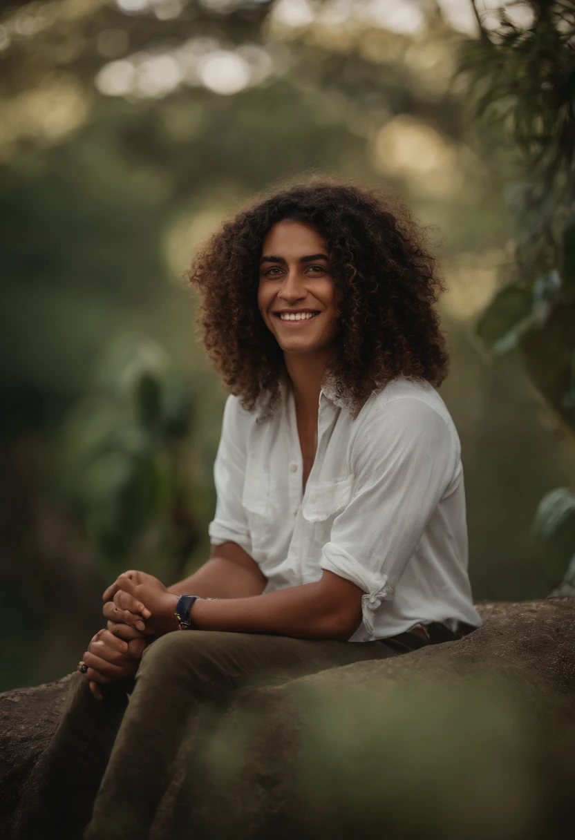 Garoto de 15 anos, pele clara, olhos verdes brilhantes, gradient haircut with curly hair covering the whole face, evil and mischievous smile, um brinco em uma orelha, camisa verde vermelha bastante larga, bermuda branca bastante larga, uma corrente prata com um sol, sitting on a throne with the air of superiority with a demon in Tasmania lying in his lap