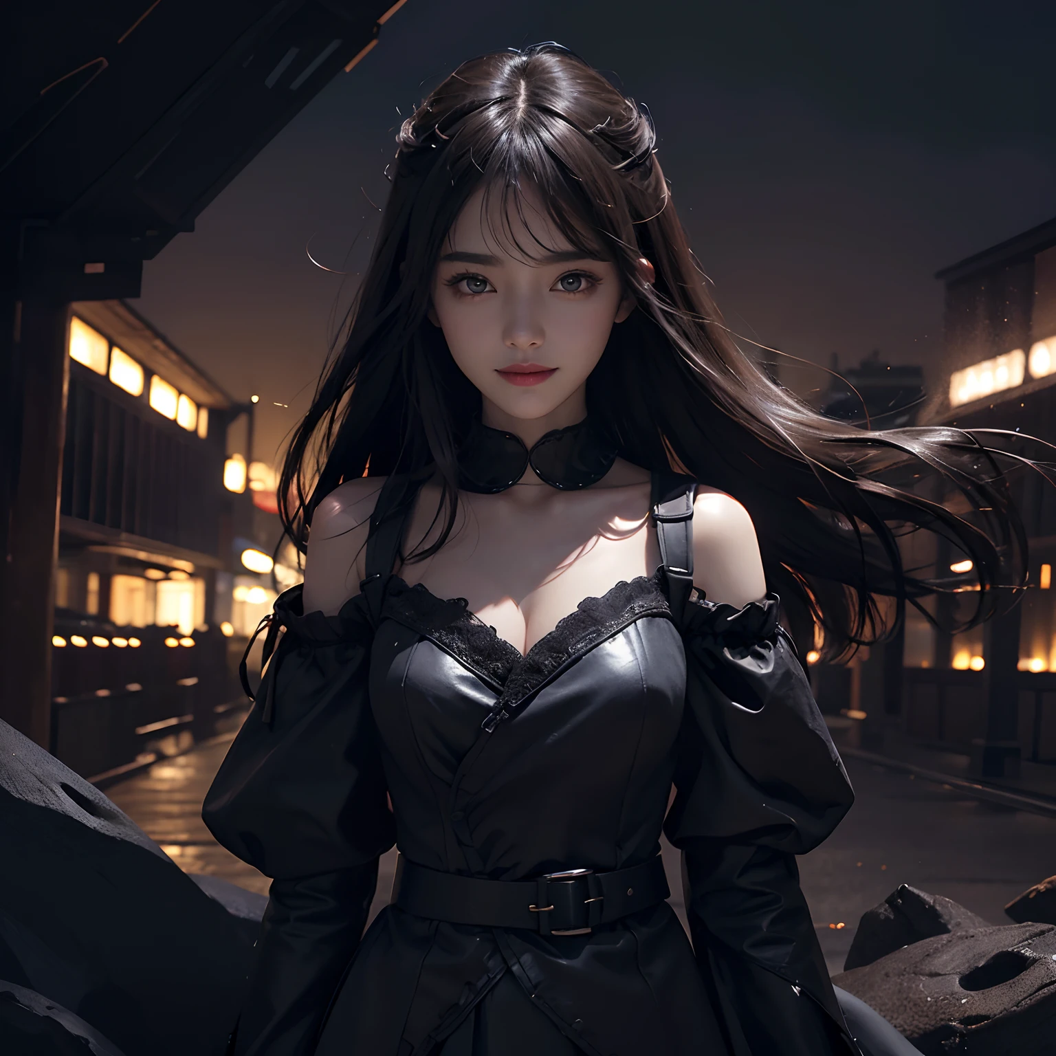 (Front Focus)、(in the darkness nigth:1.6)、Japan beautiful girl、the most beautiful in the world、Photorealsitic、Dynamic lighting、art  stations、poster for、Volumetric lighting、extra detailed face、4 k、Award-winning、1girl in、in the darkness nigth、deep-shadows、cowboy  shot、(Formula service:1.4)、cabelos preto e longos、Happy smiling face、Skin Texture、