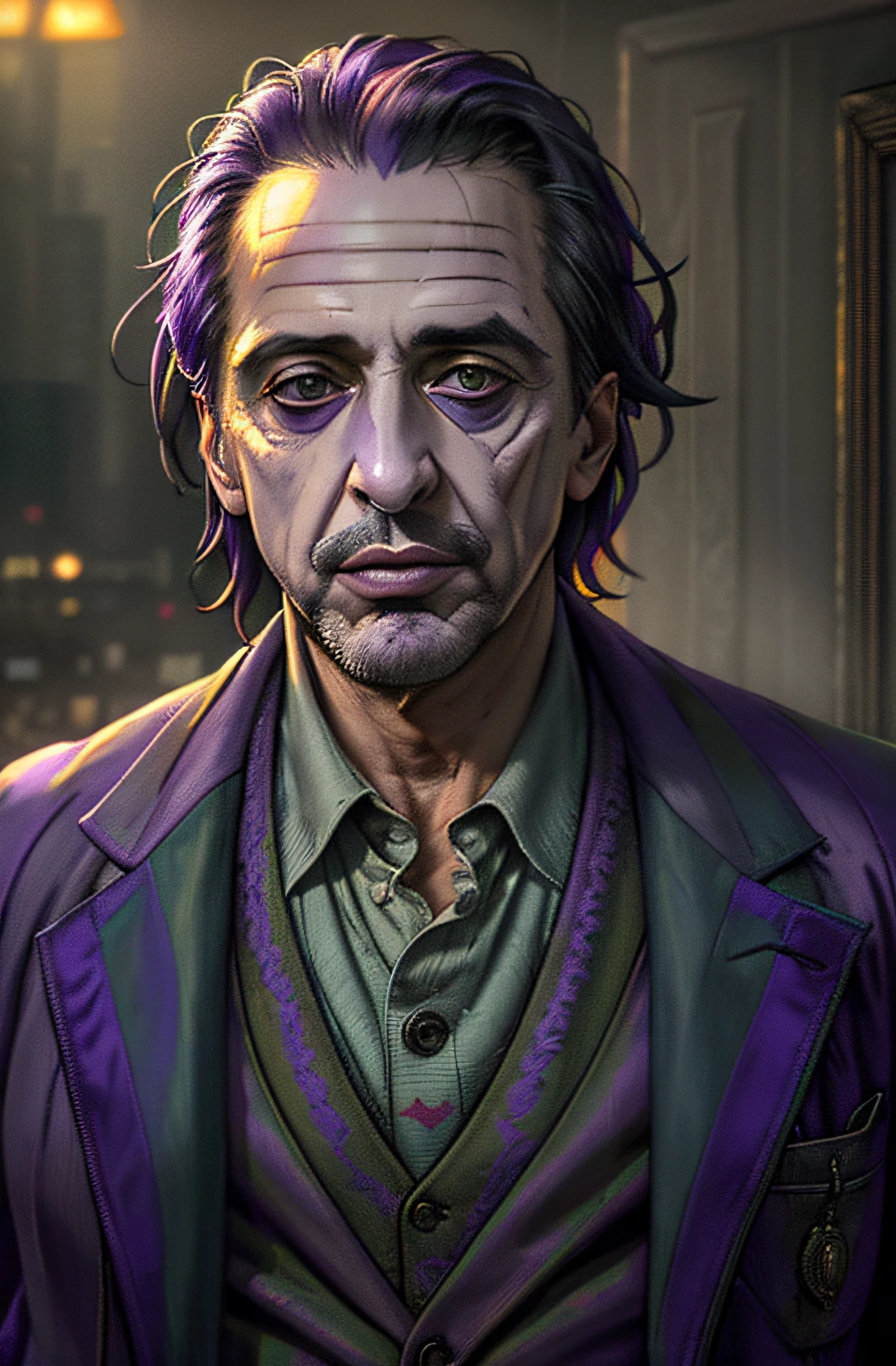 (Al Pacino as The Joker) ,epic, realistic, faded, neutral colors, ((((hdr)))), ((((muted colors)))), intricate scene, artstation, hyperdetailed, cinematic shot, warm lights, dramatic light, intricate details, vignette, complex background, [[teal and orange]], slate gray atmosphere, perfect lighting, perfect shading, (photorealistic:1.6), (((purple jacket))),