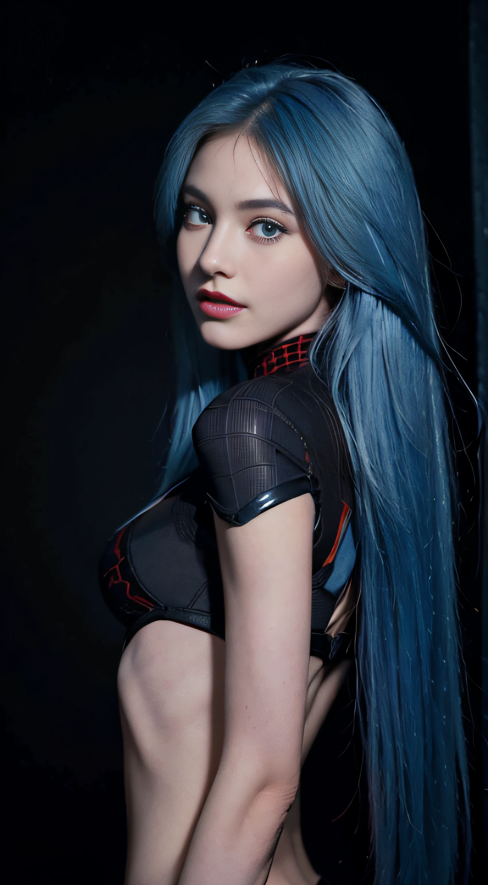 8K, Top Quality, Intricate Details, Ultra Detail, Ultra High Resolution, Masterpiece, random angle, Slender, Smile, (Makeup: 0.4), (Fluffy Blue Eyes: 1.21), blue Eyes, looking at viewer, ((full body)), 1girl, solo, 1 girl, (( full body)), close up shot, walk on all four, ((tall)), (((fit body))), (((slim face))), sharp face, sharp eyes, (((sky blue hair, long hair, )) (detailed face), sharp face, small lips half-open lips, pureerosfaceace_v1, ((black batman suit, )), detailed face, detailed breast, , large breast, detail ass, round ass, Beautiful girl with accentuated slender abs: 1.4, Six Pack Abs: 1.4, Bust Botox, Big, Perfect Body, detail leg, sunlight, in the snow,工作室柔光