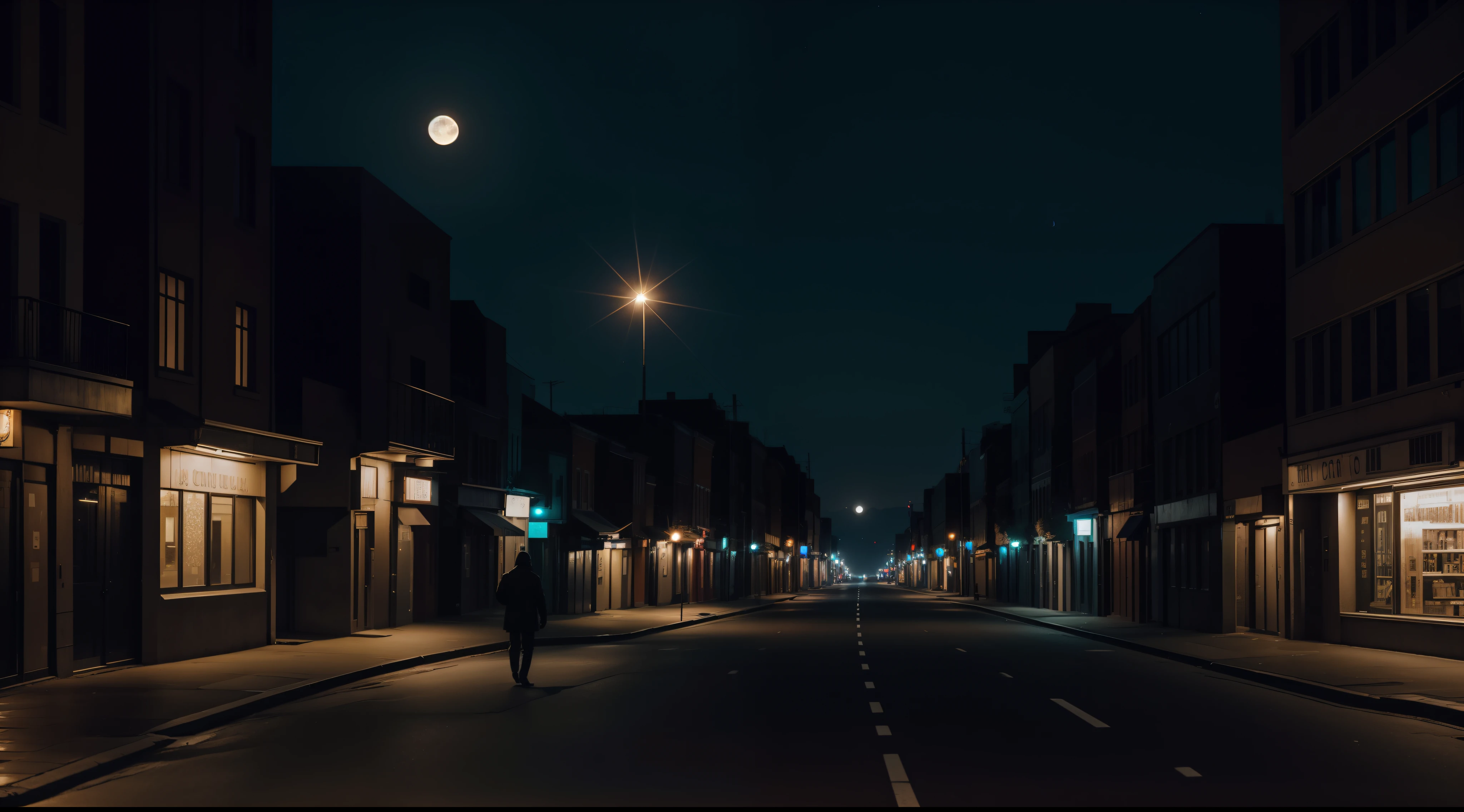 man walking alone, night, city, deserted street, moon illuminating.