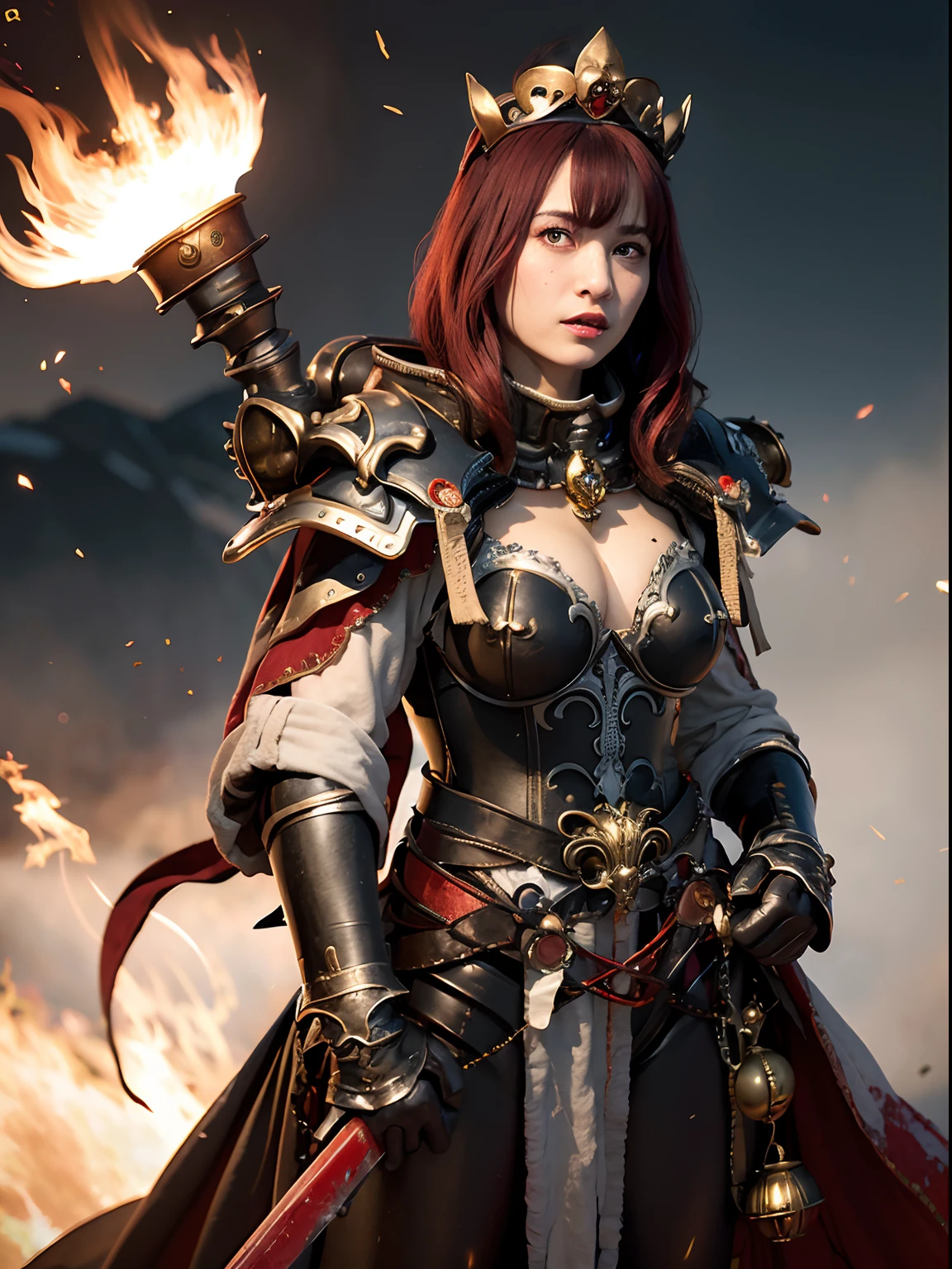 (Bleeding from the head), Professional , masterpiece、top-quality、photos realistic , depth of fields (Gemstone Black Metal Body:1.4),(Matte Black、Toostock、(cleavage of the breast)、((Random Hairstyles 1.5),Dark Fantasy,)explosions、intense fighting、Blood on the face,Blood Rain,Blood fog(blood splattere:1.9),Dragon Gold Weapon,Mystical expression、Particles of light、Fight dragons、(Dragon Metal Body:1.4),Gorgeous Silver Weapons ,(( Dragon's dense and gorgeous sword)) , Beautiful knife ,warhammer 40k , adepta sororitas,Detail and gorgeous crown、((Red hair))、(Castle background)、、((Gangle's forest background))、Beautiful Caucasian beauty、1a person、dynamic ungle,(((Detailed and ornate Black Devil Crown)))、Smaller head、A smile、Castle background、Thin and beautiful female hands、cleavage of the breast、Soldier in iron armor on background、Mystical expression、Light Effects、intense fighting、Wind-effect、magic circles、With the legendary magic wand、(demonic wings)、