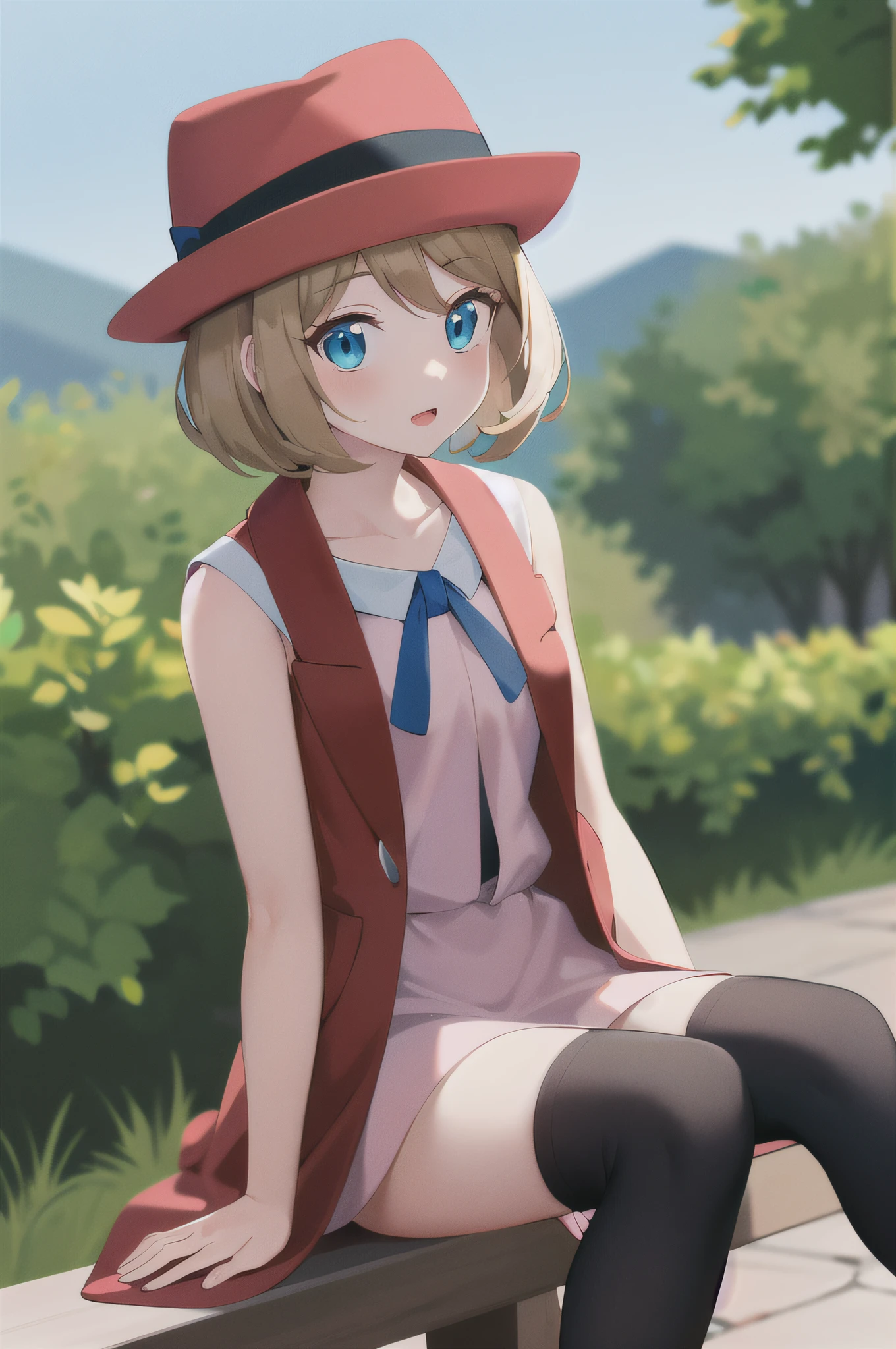 masterpiece, best quality, highres, serena \(pokemon\), short hair, blue eyes, 1girl, solo, blue ribbon, eyelashes, black thighhighs, neck ribbon, sleeveless, bangs, collarbone, bare arms, pink dress, red coat, pink headwear, outdoors, sitting,