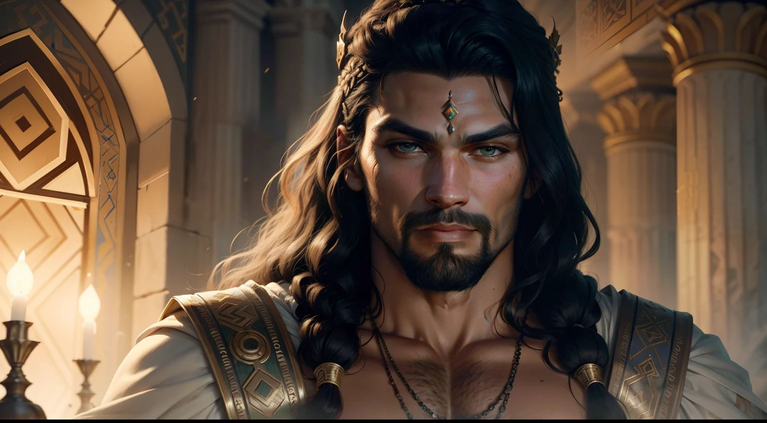 a closeup of a man dressed as an ancient king, handsome prince of persia, Jason Momoa as Assyrian, Great King of Stovokor, Director: Roman Bezpalkiv, Handsome Prince, Roman Emperor, biblical epic movie, man with crown, handsome, handsome man, Nicolau, pretty face, green eyes, Maximo Jacobs