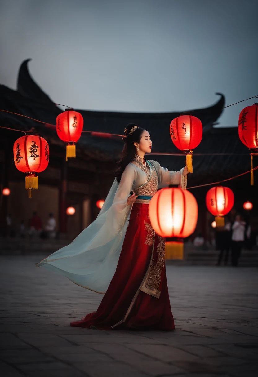 1womanl, 24 years of age，Chinese Beauty，Long hair，The chin is slightly pointed，((Focus above the thighs))，Star-studded beauty，Chinese costumes，Gorgeous，Ancient Chinese court architecture，Chinese elements，the night，Countless lanterns，Sky lanterns，Front lighting，