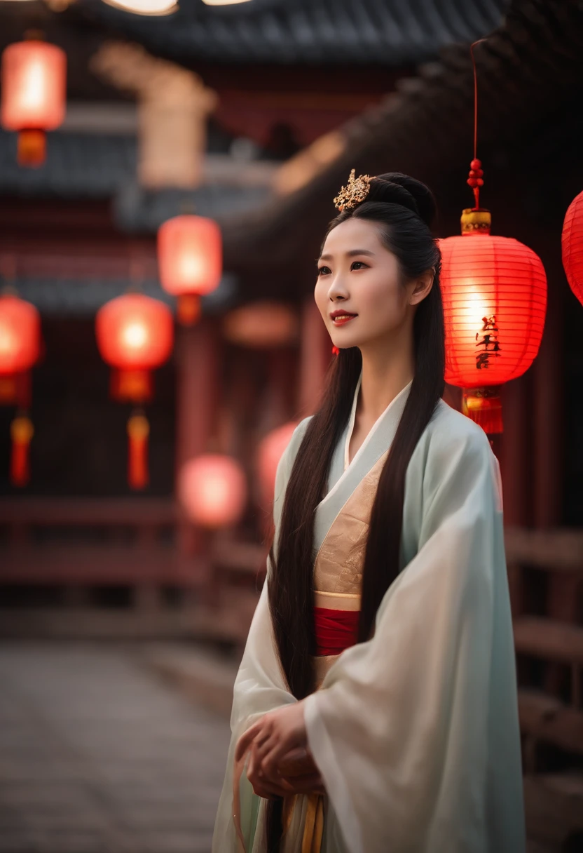 1womanl, 24 years of age,Chinese Beauty,Long hair,The chin is slightly pointed,((Focus above the thighs)),Star-studded beauty,Chinese costumes,Gorgeous,Ancient Chinese court architecture,Chinese elements,the night,Countless lanterns,Sky lanterns,Front lighting,