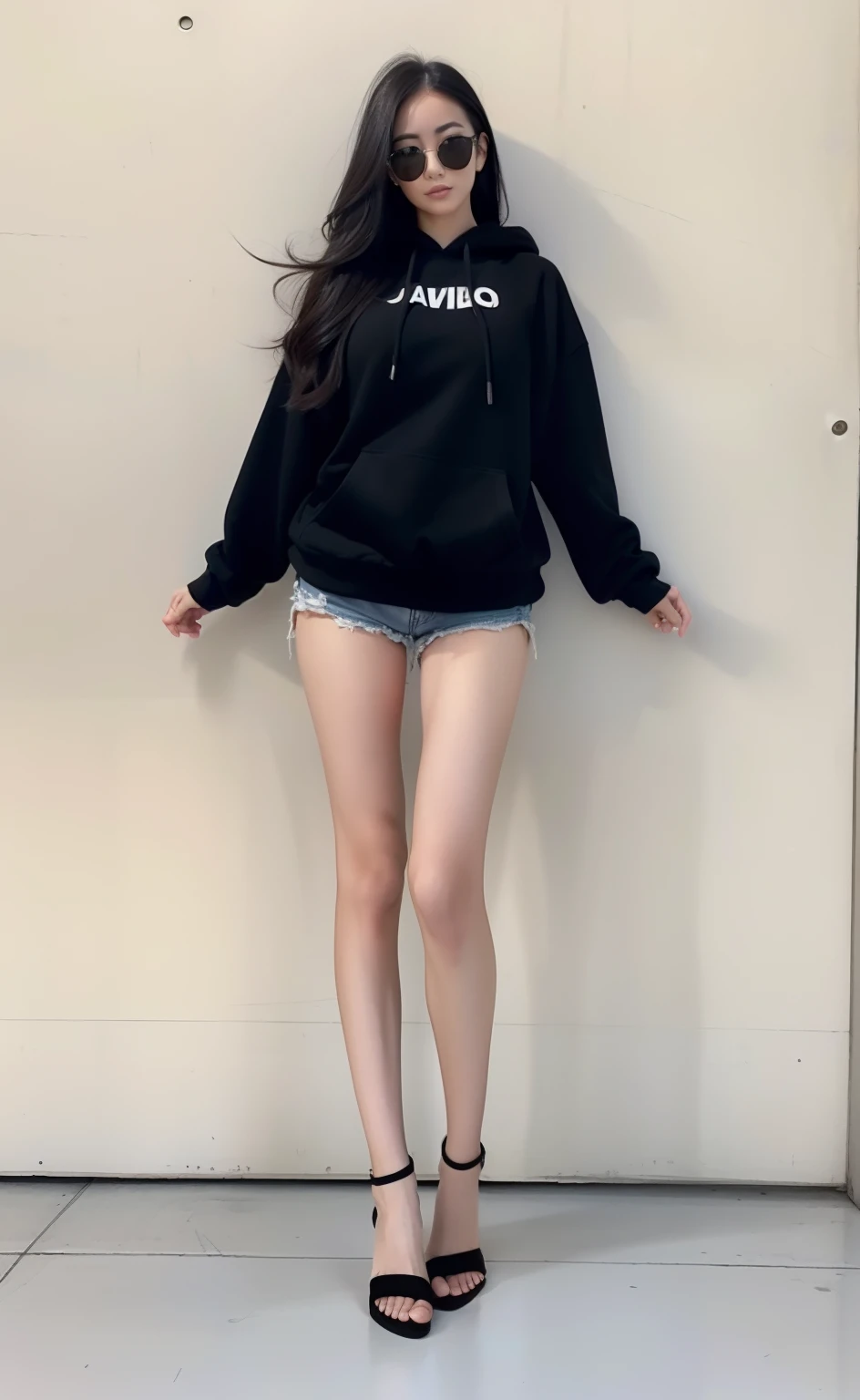A Japanese Lady、beauitful face、Longhaire、voluminous hair、Black sunglasses、Black hoodie、Micro shorts、beauty legs、Raw feet、long legged、Clean thighs、Black heels