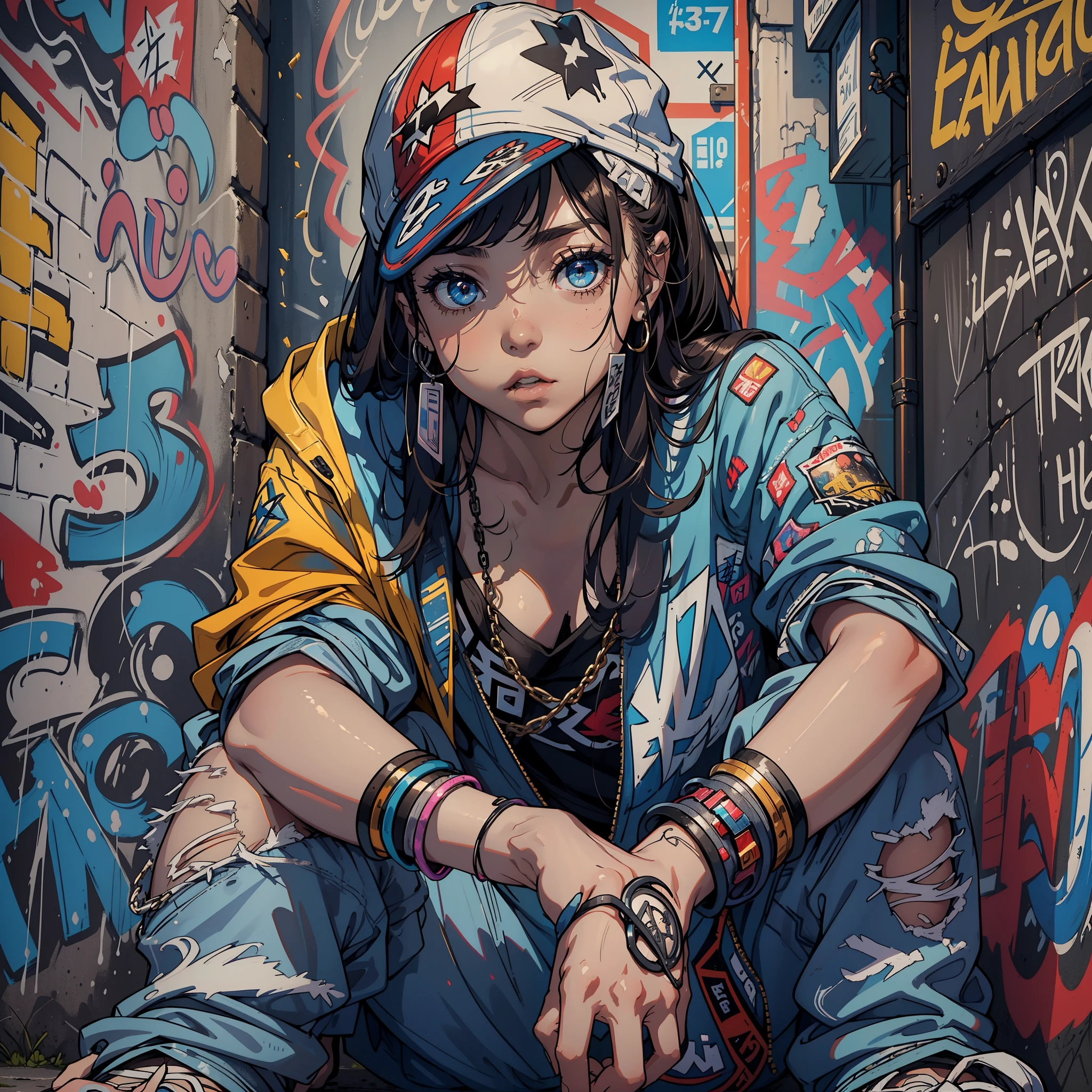 A girl in a back alley、(Super Detalhe)、(8k)、((Moda Hip Hop))、(muro de grafite)、(Esbian de corpo inteiro)、(face hiperdetalhada)、(detailed feets)、(Detailed hand)、(cara fria)、(sentado com os joelhos levantados)、(Put your hands on your knees)
