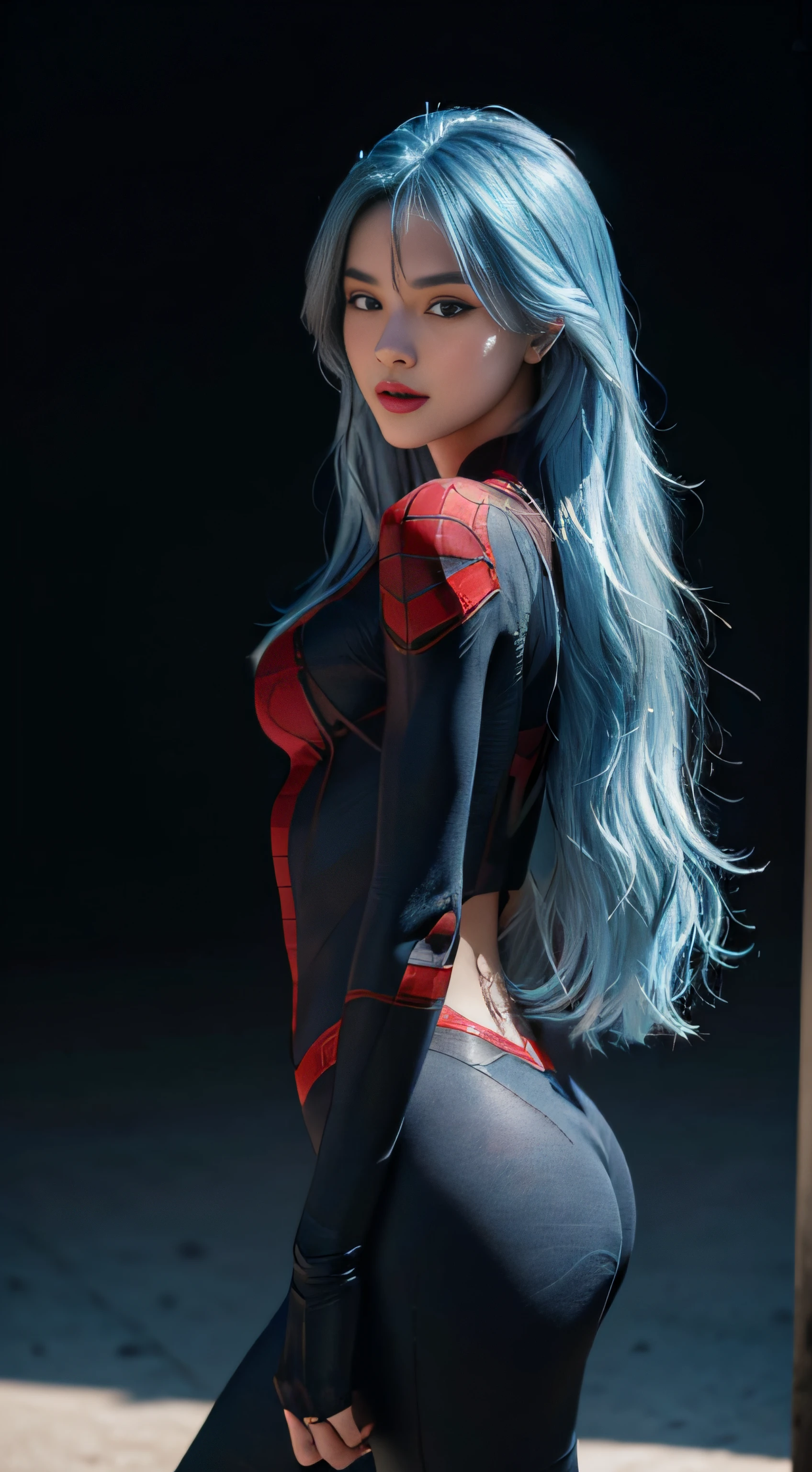 8K, Top Quality, Intricate Details, Ultra Detail, Ultra High Resolution, Masterpiece, from behind, Slender, Smile, (Makeup: 0.4), (Fluffy Blue Eyes: 1.21), blue Eyes, looking at viewer, ((full body)), 1girl, solo, 1 girl, (()), feminine and sexy posture, ((tall)), (((fit body))), (((slim face))), sharp face, sharp eyes, (((sky blue hair, long hair, side bangs)) (detailed face), sharp face, small lips half open strawberry lips, pureerosfaceace_v1,
((black spiderman suit)), detailed face, detailed breast, Beautiful girl with accentuated slender abs: 1.4, Six Pack Abs: 1.4, Bust Botox, Big, Perfect Body, detail leg, (Dark Night Background: 1.2)