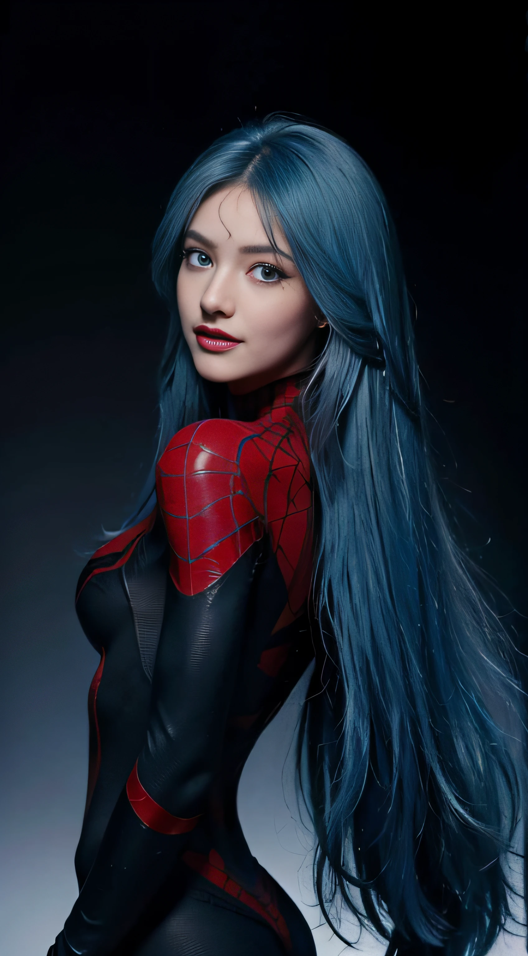 8K, Top Quality, Intricate Details, Ultra Detail, Ultra High Resolution, Masterpiece, from behind,  Slender, Smile, (Makeup: 0.4), (Fluffy Blue Eyes: 1.21), blue Eyes, looking at viewer, ((full body)), 1girl, solo, 1 girl, (()), feminine and sexy posture, ((tall)), (((fit body))), (((slim face))), sharp face, sharp eyes, (((sky blue hair, long hair, side bangs))  (detailed face), sharp face, small lips half open strawberry lips, pureerosfaceace_v1,
 ((black spiderman suit)),  detailed face, detailed breast, Beautiful girl with accentuated slender abs: 1.4, Six Pack Abs: 1.4, Bust Botox, Big, Perfect Body, detail leg,  (Dark Night Background: 1.2)