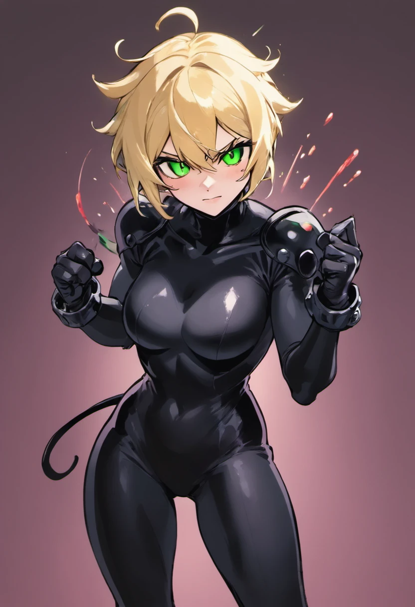 man cosplaying cat noir, from the cartoon Ladybug, he has blonde hair and green eyes, full body image, best quality