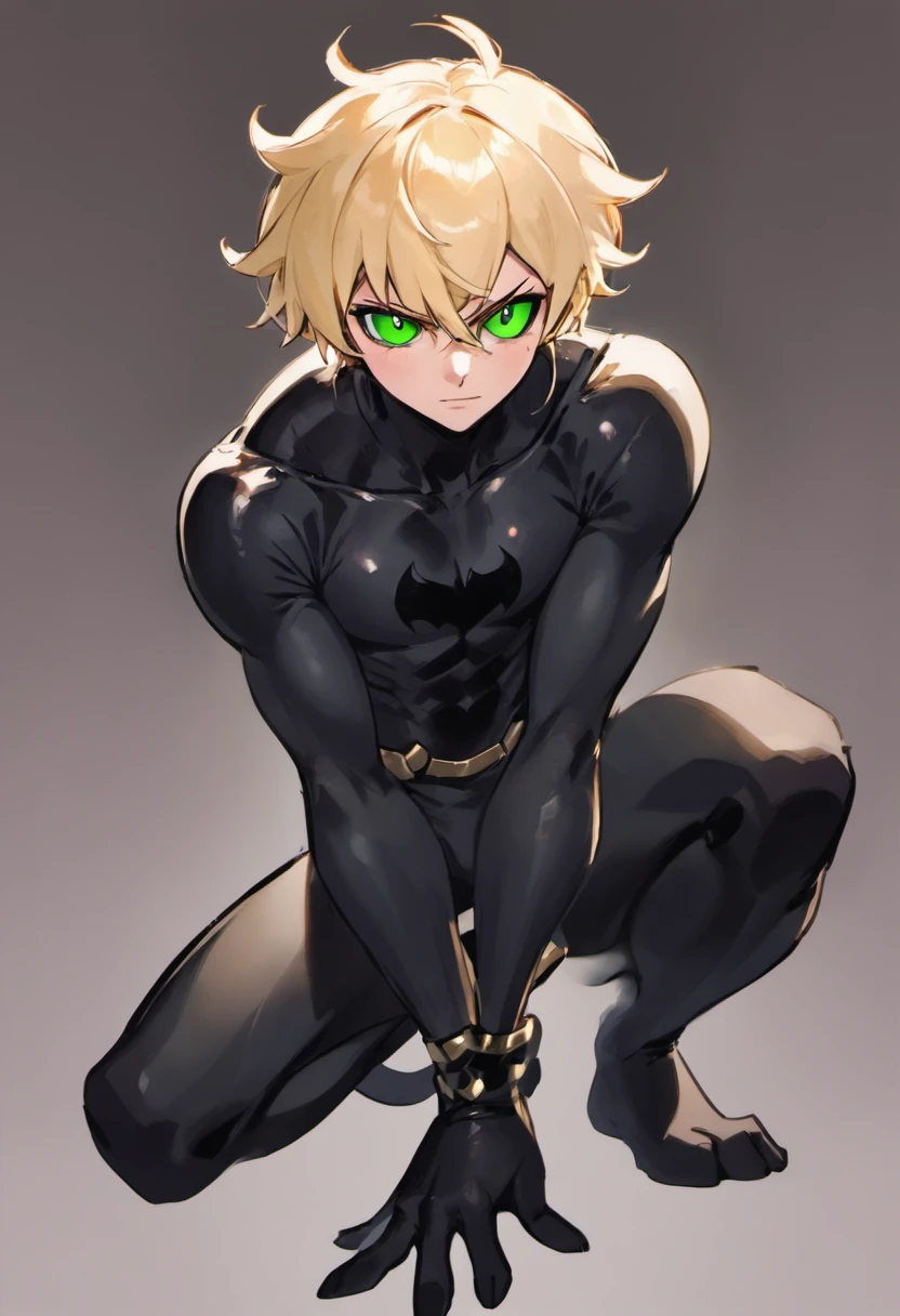 man cosplaying cat noir, from the cartoon Ladybug, he has blonde hair and green eyes, full body image, best quality