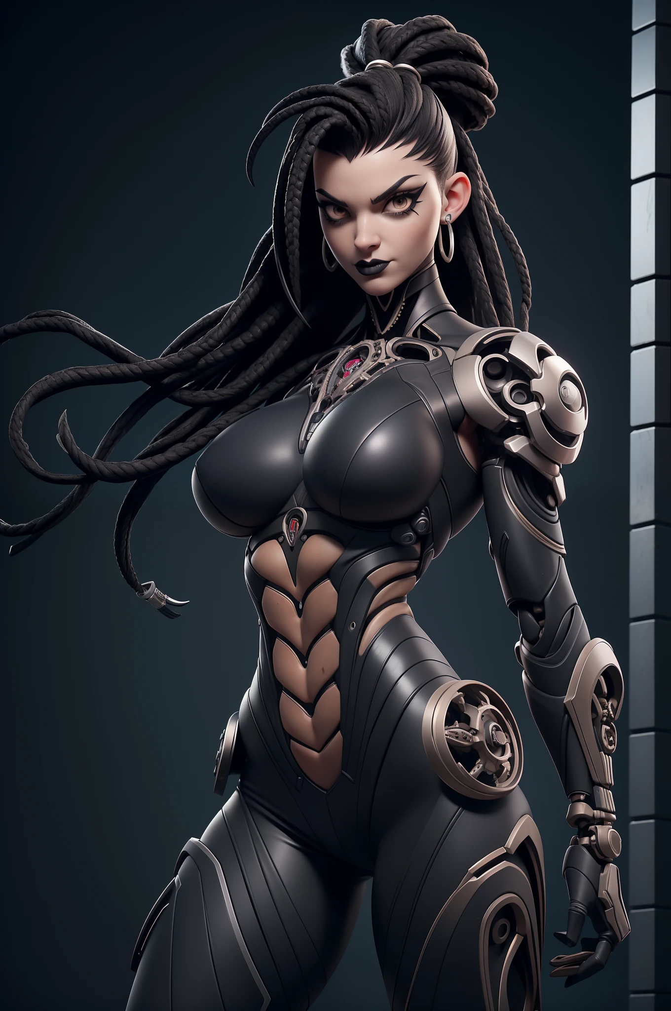 (Hyperrealistic: 1.3), athletic European goth woman, white woman, full body, (biomechanical:1.3), cables, implants, wet exposed skin, exposed abs, masterpiece, (dark: 1.3), darkness, low light, night, cinematic lighting, fil noir, highest quality, sexy woman, (hight teck cyborg:1.2), (enormous perky detailed breasts), feminine, symmetrical, highly detailed, gigapixel, fit, (sharp body), detailed body, on focus, gorgeous face, (black eye makeup), (black lipstick), tattoos, (black hair in dreadlocks), (Simon Bisley), (2000 a.d.), (ABC warriors), (Joe pineapples), ridged, grim, grimdark.