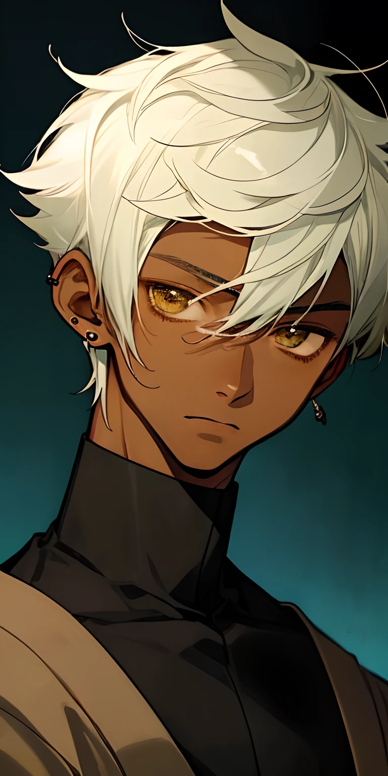 portrait,black age male's face with short hair,no smile,anime style,earring,short hair,subtle lighting,neutral expression