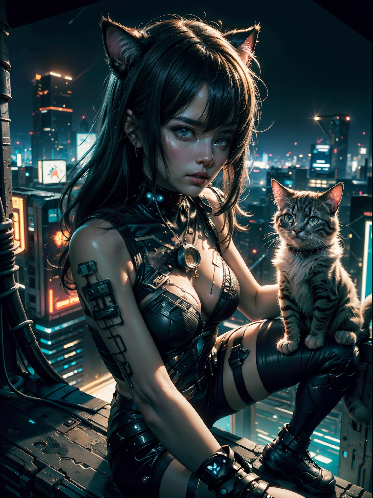 Beautiful image of Reika Shimohira as a (Cyberpunk Nekomata catgirl), slender body, cat ears, cat tail, sitting on edge of rooftop, ((dynamic pose)), science fiction, (cyberpunk city in the background), Gantz, Cyberpunk 2077, Ultra realistic photo, masterpiece, best quality, CG, wallpaper, HDR, high quality, high-definition, extremely detailed, {beautiful detailed face}, {beautiful detailed eyes}, (detailed light){{intricate detail}}, {highres}, ((detailed face)), neon light, chiaroscuro, key visual, intricate detail, highly detailed, breathtaking, vibrant, cinematic lighting, 18+, Nsfw