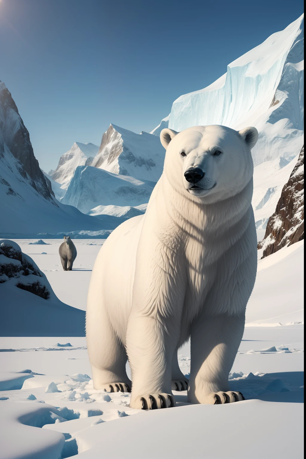 A polar bear standing on an icy landscape in the North Pole, surrounded by a group of first polar explorers from the year 1888. The polar bear is highly detailed, with thick fur, sharp claws, and a powerful presence. The explorers are dressed in warm clothing, with fur-lined jackets and hats, carrying equipment such as maps, compasses, and ice axes. The scene is set against a backdrop of snowy mountains and vast icy plains, creating a sense of a harsh and remote environment. The image is of the highest quality, with a resolution of 4k or 8k, capturing every small detail, from the texture of the polar bear's fur to the fine cracks in the ice. The colors are vivid and true to life, showcasing the stark beauty of the polar landscape. The lighting is natural, with soft sunlight casting long shadows on the icy surface. The prompt should be as follows: "polar expedition, polar bear, 1888, high definition, detailed image, North Pole, first polar explorers, polar bears, fur-lined clothing, maps, compasses, ice axes, snowy mountains, icy plains, 4k or 8k resolution, ultra-detailed, vivid colors, natural lighting"